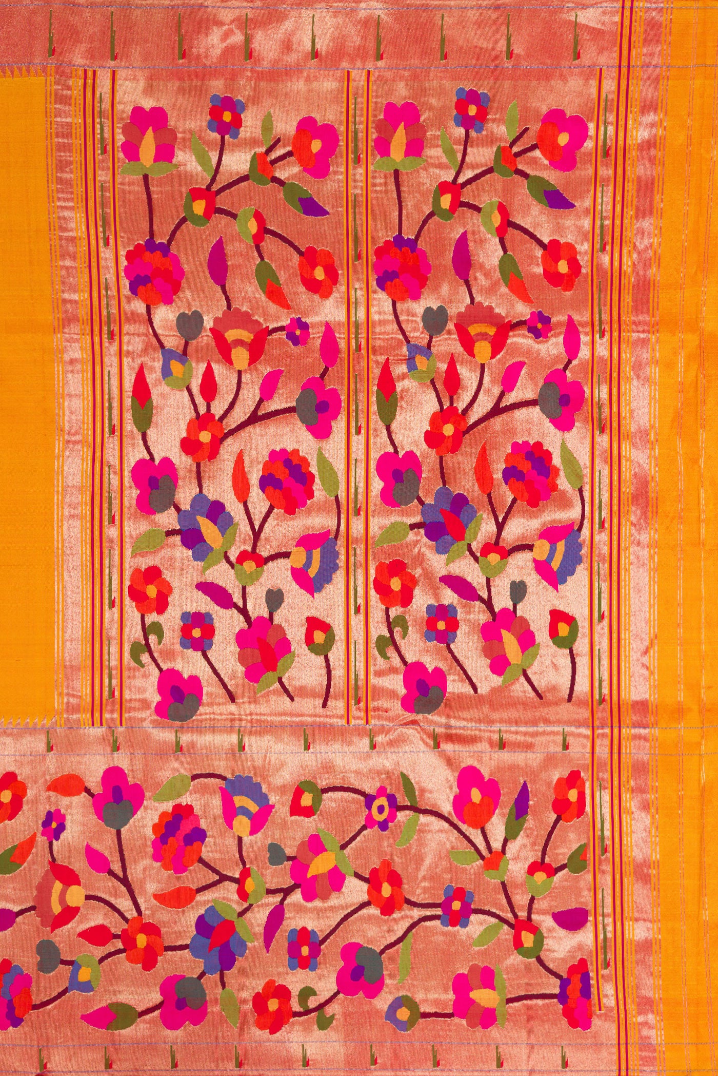 Close up image of the pallu of Pure Silk Pure Zari Mustard Dual Tone Paithani Saree with Zari Butta on the body and Paithani Border. 