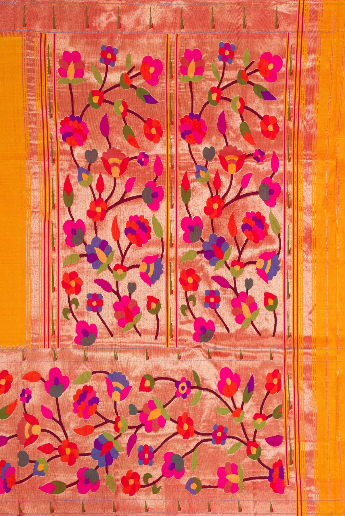 Close up image of the pallu of Pure Silk Pure Zari Mustard Dual Tone Paithani Saree with Zari Butta on the body and Paithani Border. 