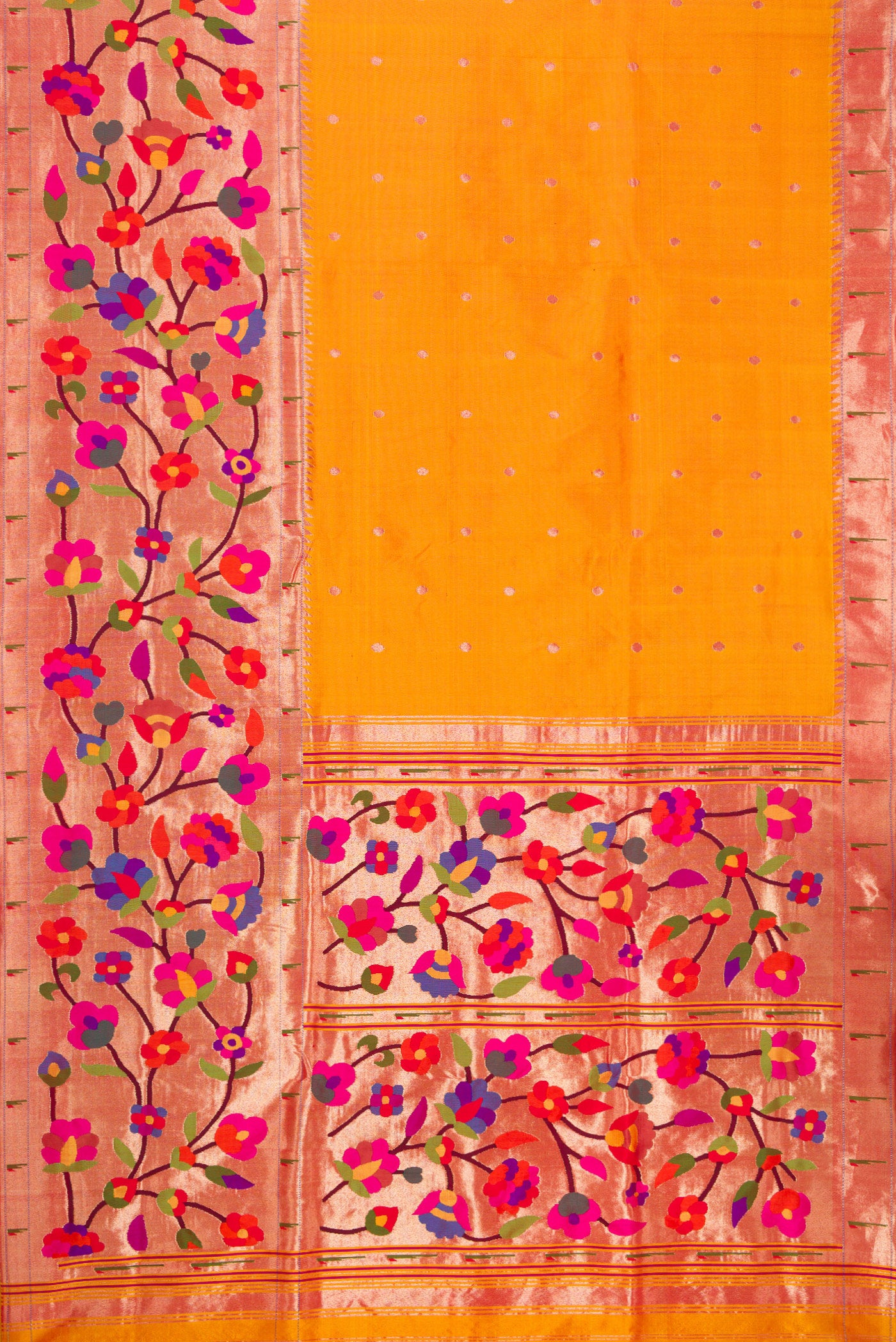 Flat view of Pure Silk Pure Zari Mustard Dual Tone Paithani Saree with Zari Butta on the body and Paithani Border. 