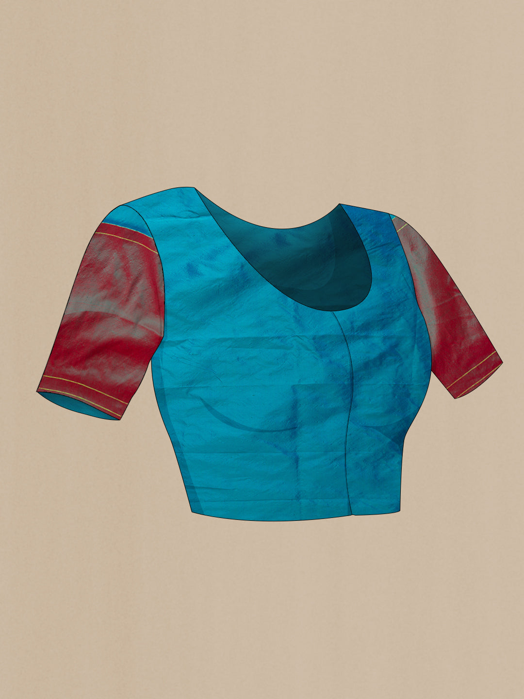 Close up image of the blouse of Pure Silk Pure Zari Peacock Blue Dual Tone Paithani Saree with Zari Butta on the body and Paithani Border. 