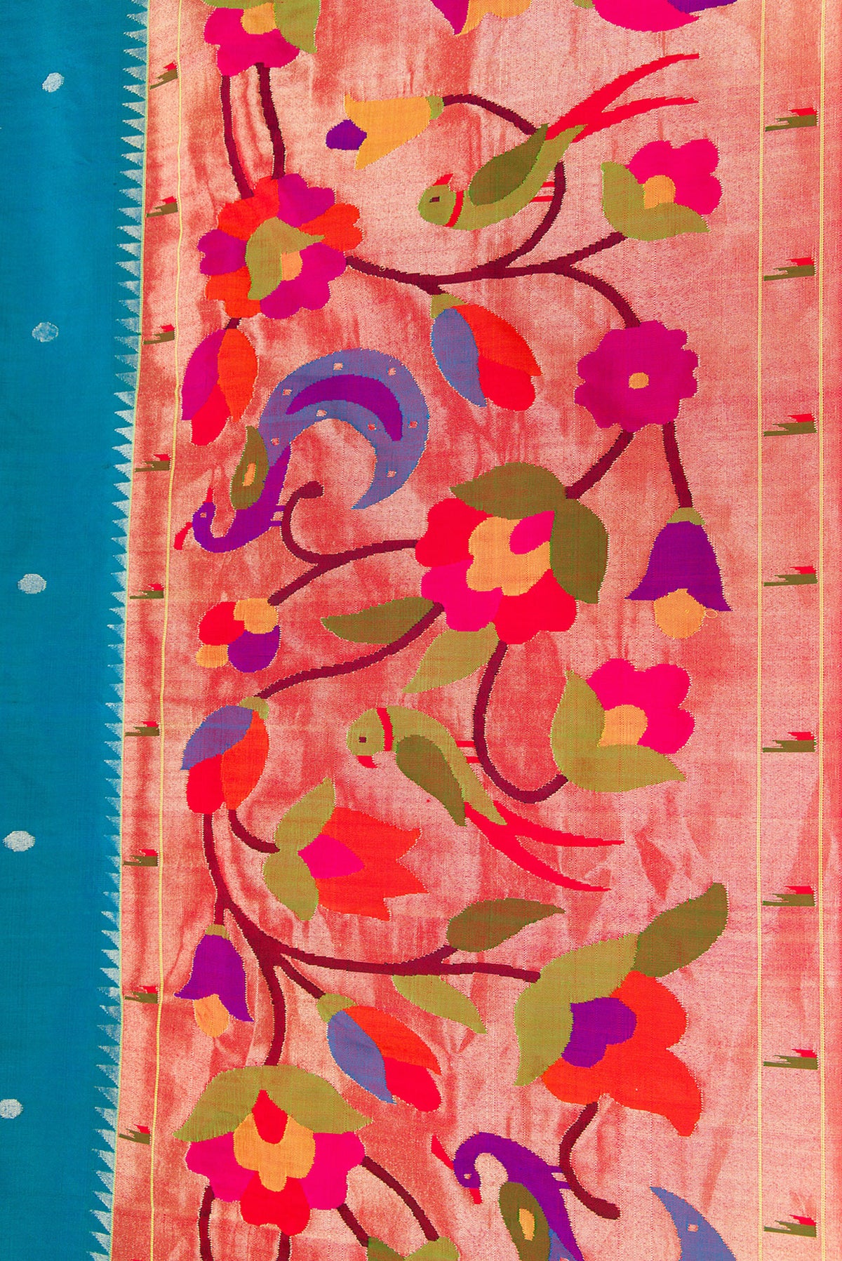 Border image of Pure Silk Pure Zari Peacock Blue Dual Tone Paithani Saree with Zari Butta on the body and Paithani Border. 