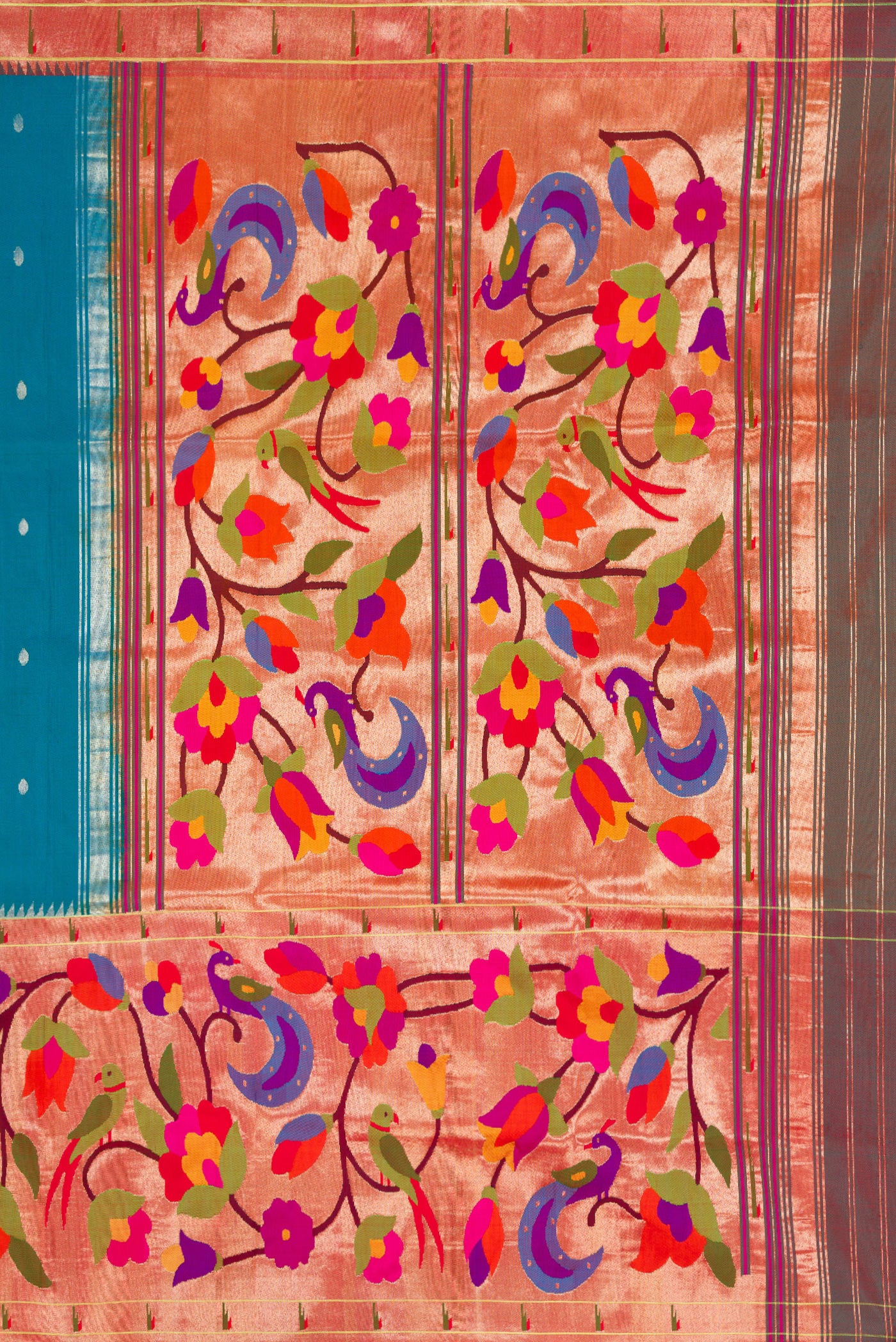 Close up image of the pallu of Pure Silk Pure Zari Peacock Blue Dual Tone Paithani Saree with Zari Butta on the body and Paithani Border. 