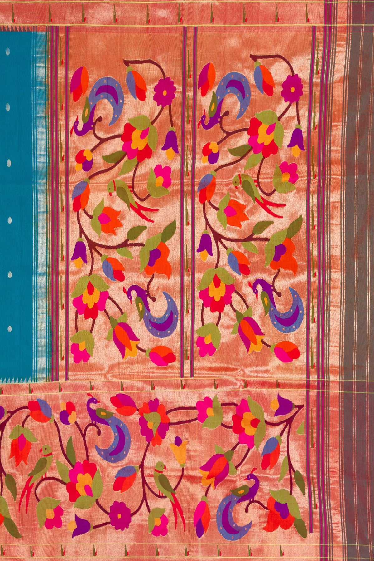 Close up image of the pallu of Pure Silk Pure Zari Peacock Blue Dual Tone Paithani Saree with Zari Butta on the body and Paithani Border. 