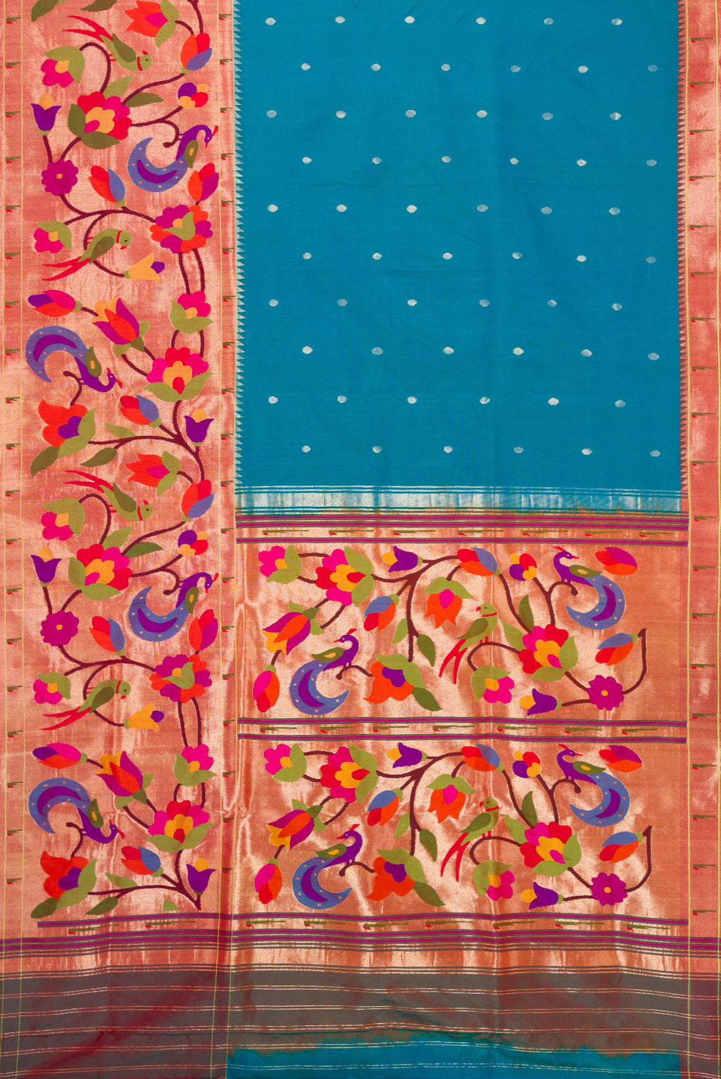 Flat view of Pure Silk Pure Zari Peacock Blue Dual Tone Paithani Saree with Zari Butta on the body and Paithani Border. 