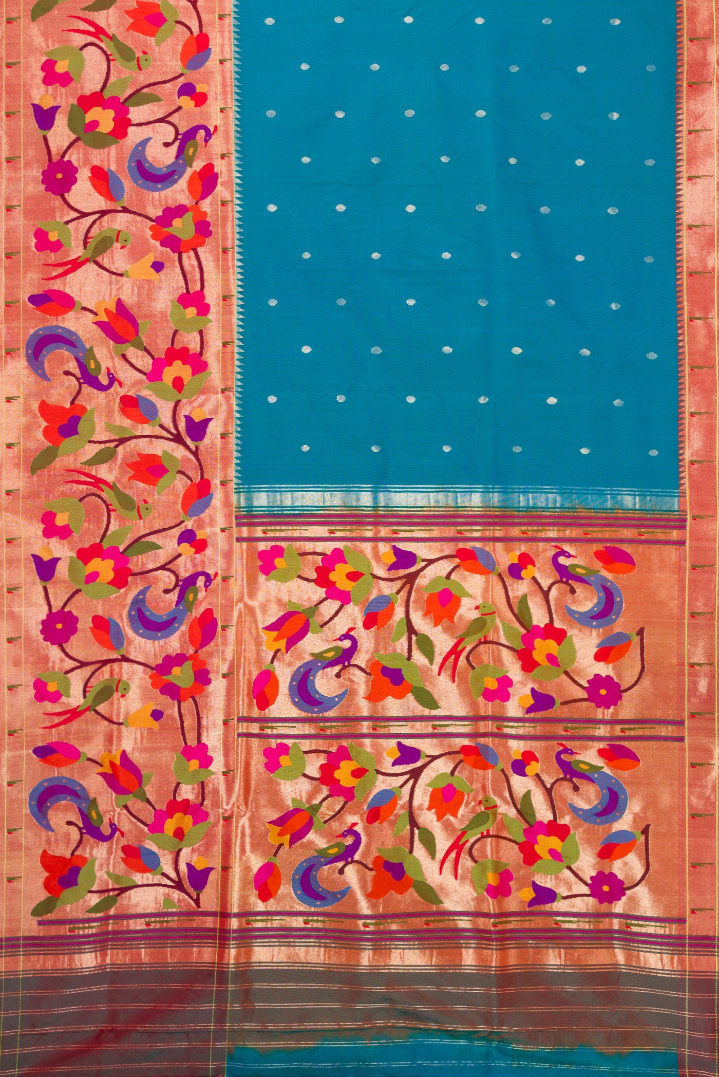 Flat view of Pure Silk Pure Zari Peacock Blue Dual Tone Paithani Saree with Zari Butta on the body and Paithani Border. 