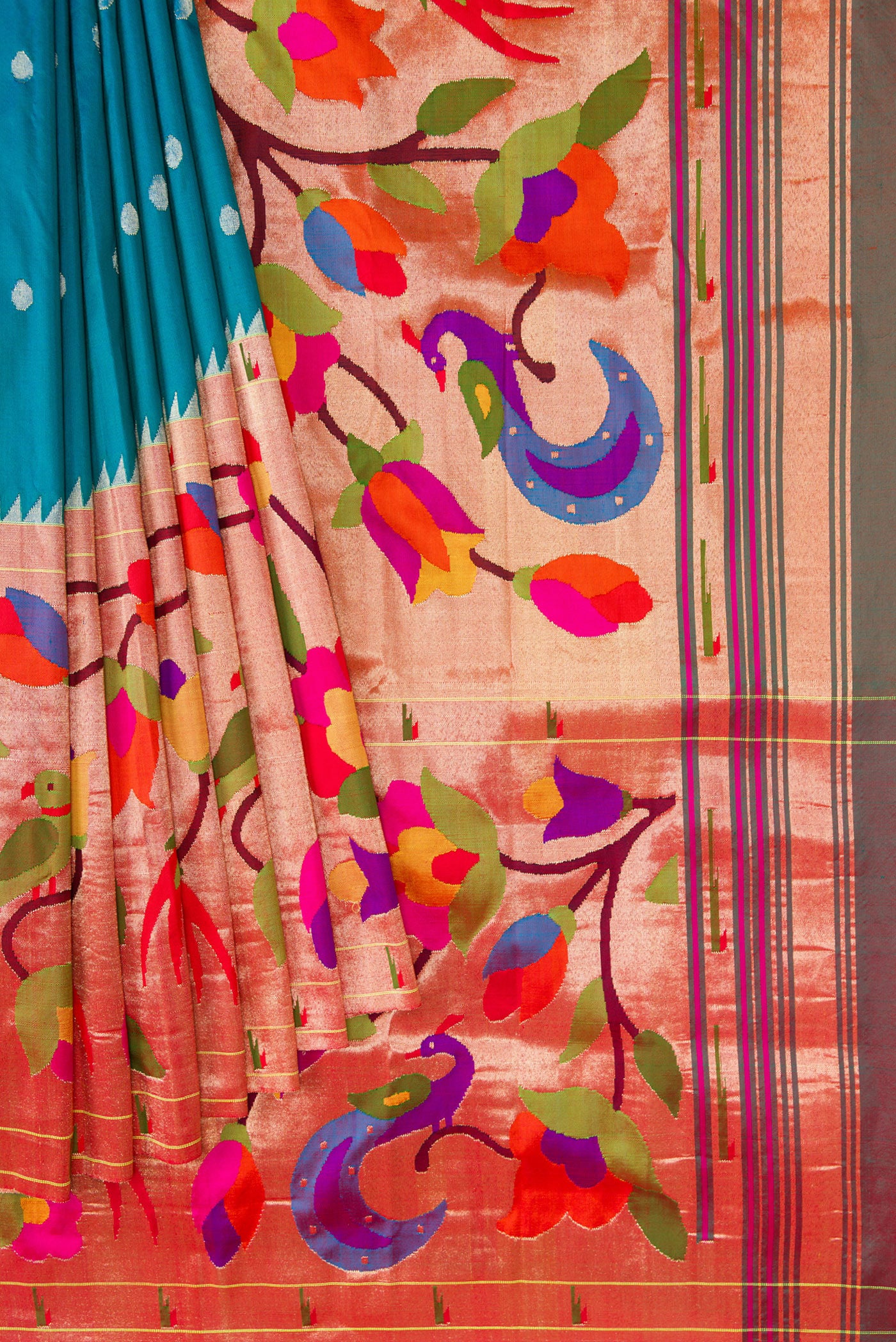 Pleats and pallu of Pure Silk Pure Zari Peacock Blue Dual Tone Paithani Saree with Zari Butta on the body and Paithani Border. 