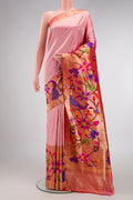 Pure Silk Pure Zari Rose Gold Dual Tone Paithani Saree with Stripes on the body and Paithani Border.  displayed on a mannequin