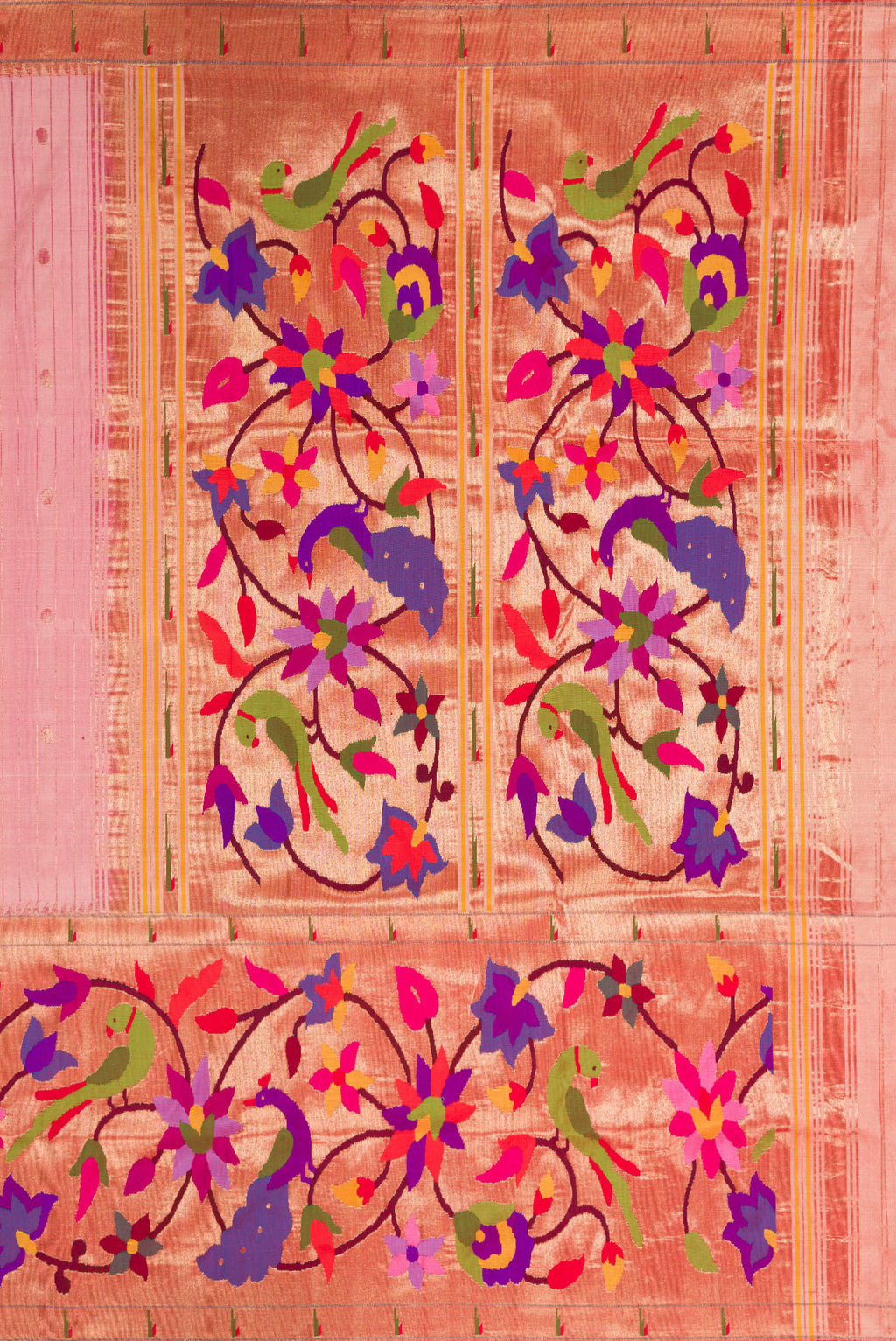 Close up image of the pallu of Pure Silk Pure Zari Rose Gold Dual Tone Paithani Saree with Stripes on the body and Paithani Border. 