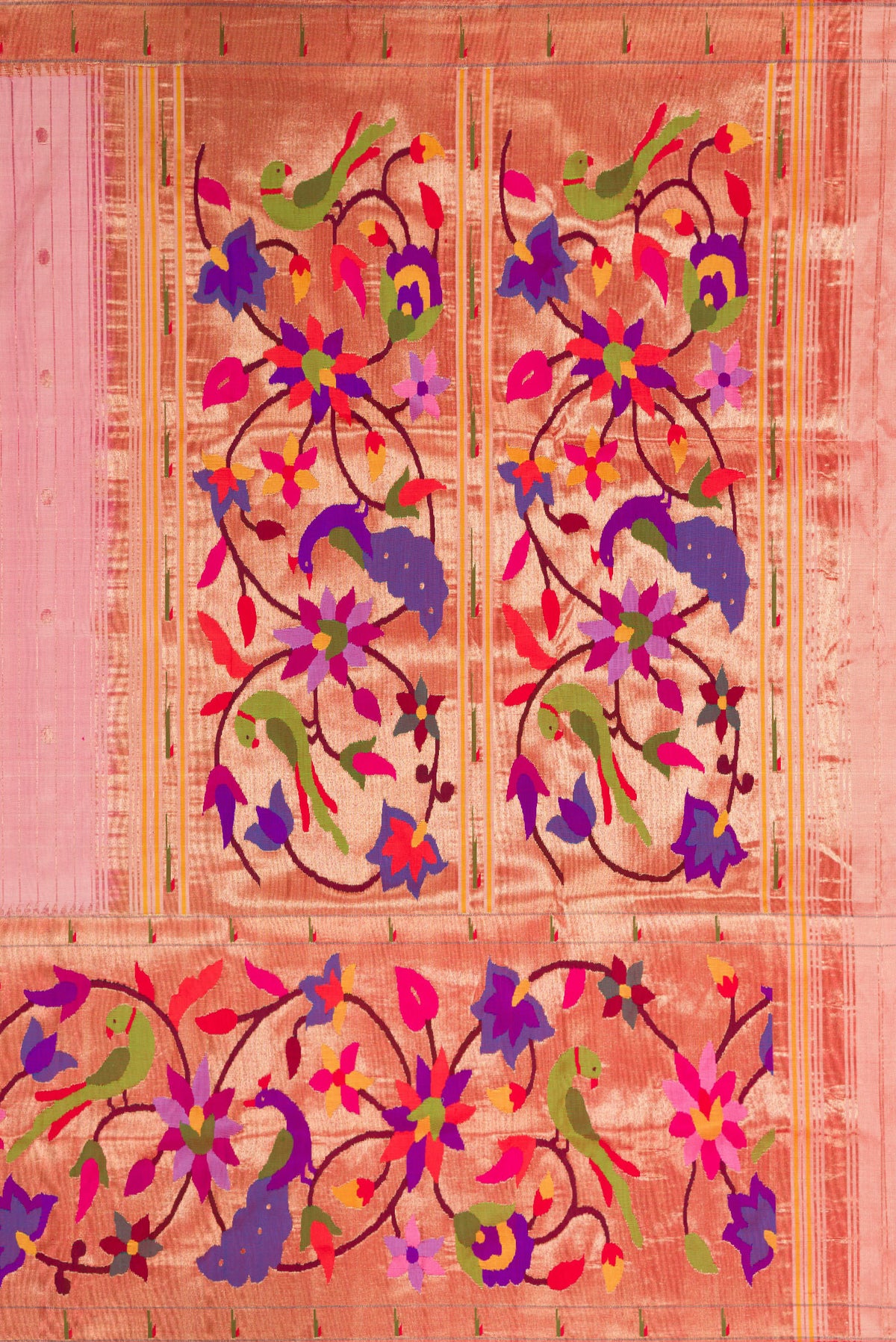 Close up image of the pallu of Pure Silk Pure Zari Rose Gold Dual Tone Paithani Saree with Stripes on the body and Paithani Border. 