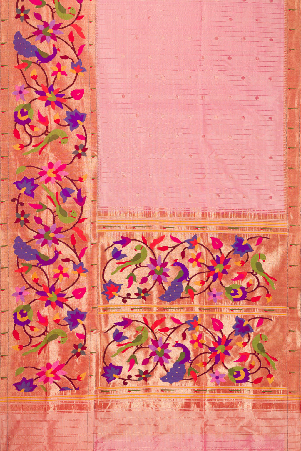 Flat view of Pure Silk Pure Zari Rose Gold Dual Tone Paithani Saree with Stripes on the body and Paithani Border. 