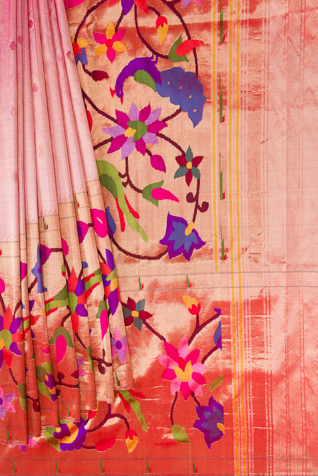Pleats and pallu of Pure Silk Pure Zari Rose Gold Dual Tone Paithani Saree with Stripes on the body and Paithani Border. 