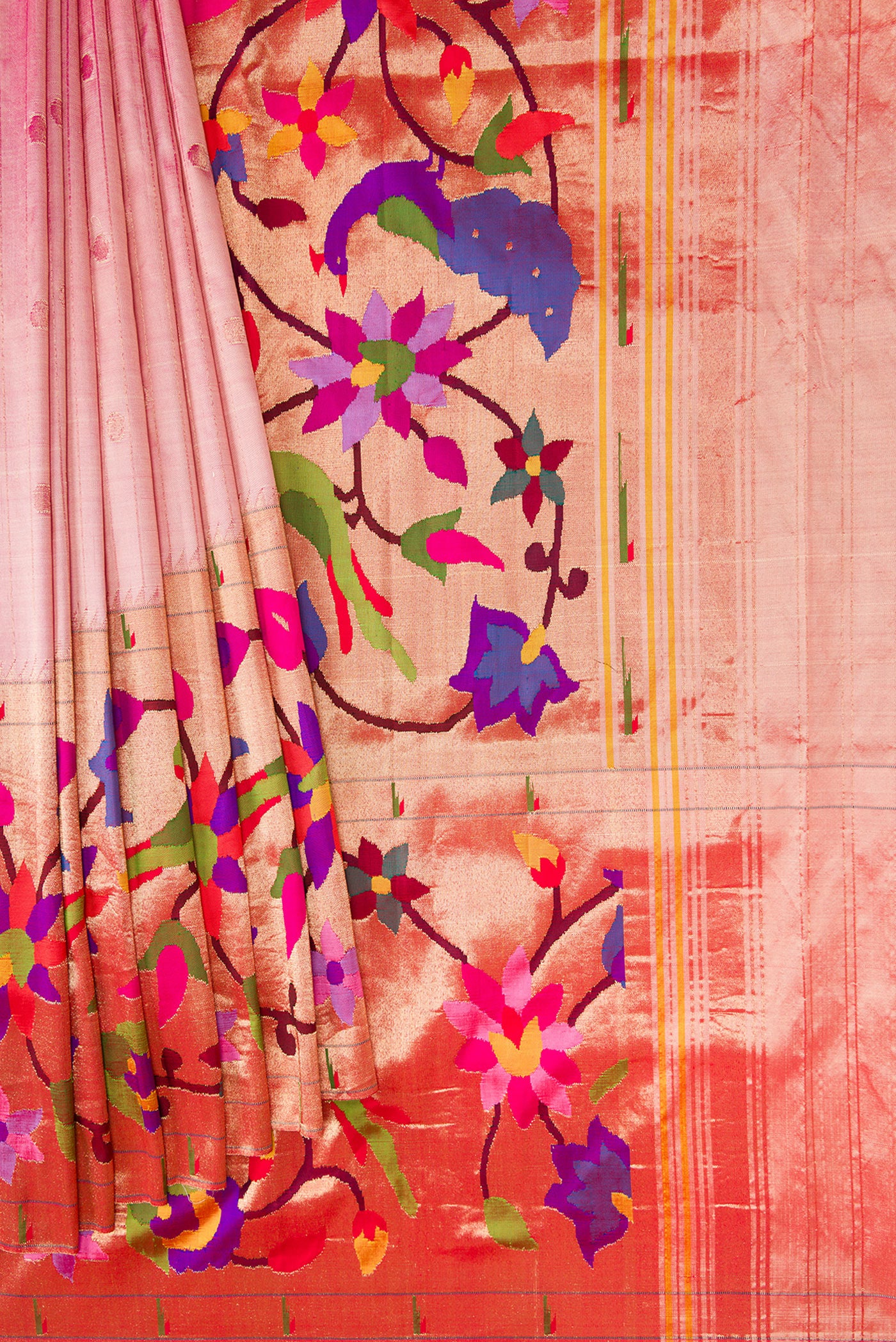 Pleats and pallu of Pure Silk Pure Zari Rose Gold Dual Tone Paithani Saree with Stripes on the body and Paithani Border. 