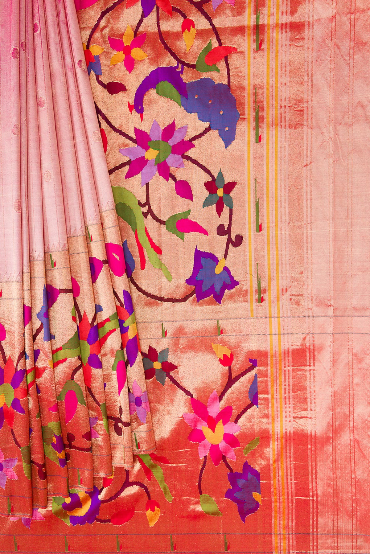 Pleats and pallu of Pure Silk Pure Zari Rose Gold Dual Tone Paithani Saree with Stripes on the body and Paithani Border. 
