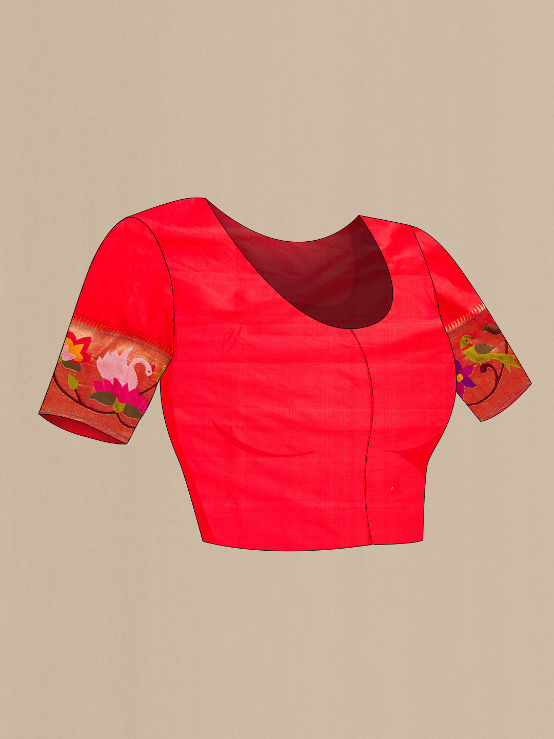 Close up image of the blouse of Pure Silk Pure Zari Red Dual Tone Paithani Saree with Zari Butta on the body and Paithani Border. 