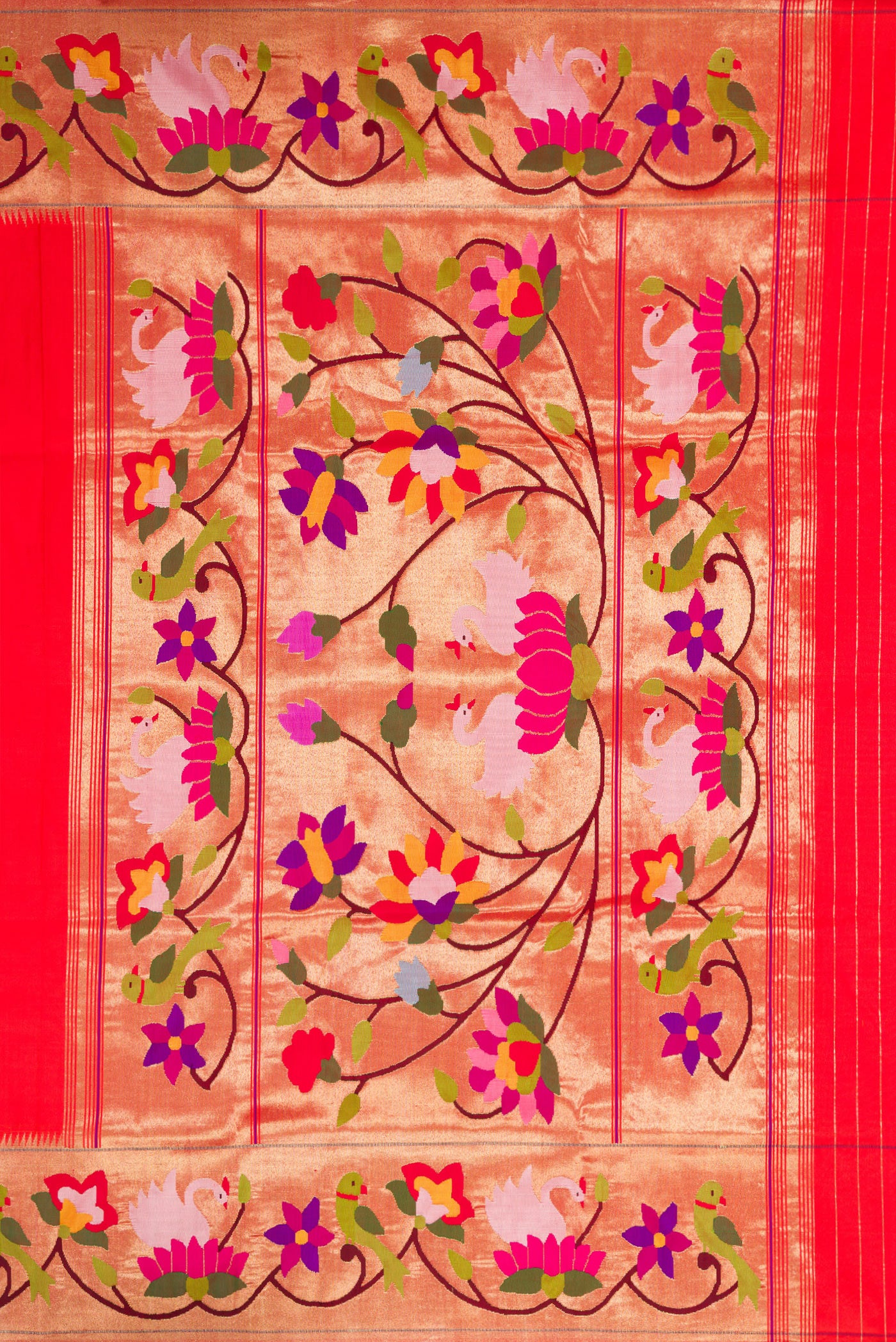 Close up image of the pallu of Pure Silk Pure Zari Red Dual Tone Paithani Saree with Zari Butta on the body and Paithani Border. 
