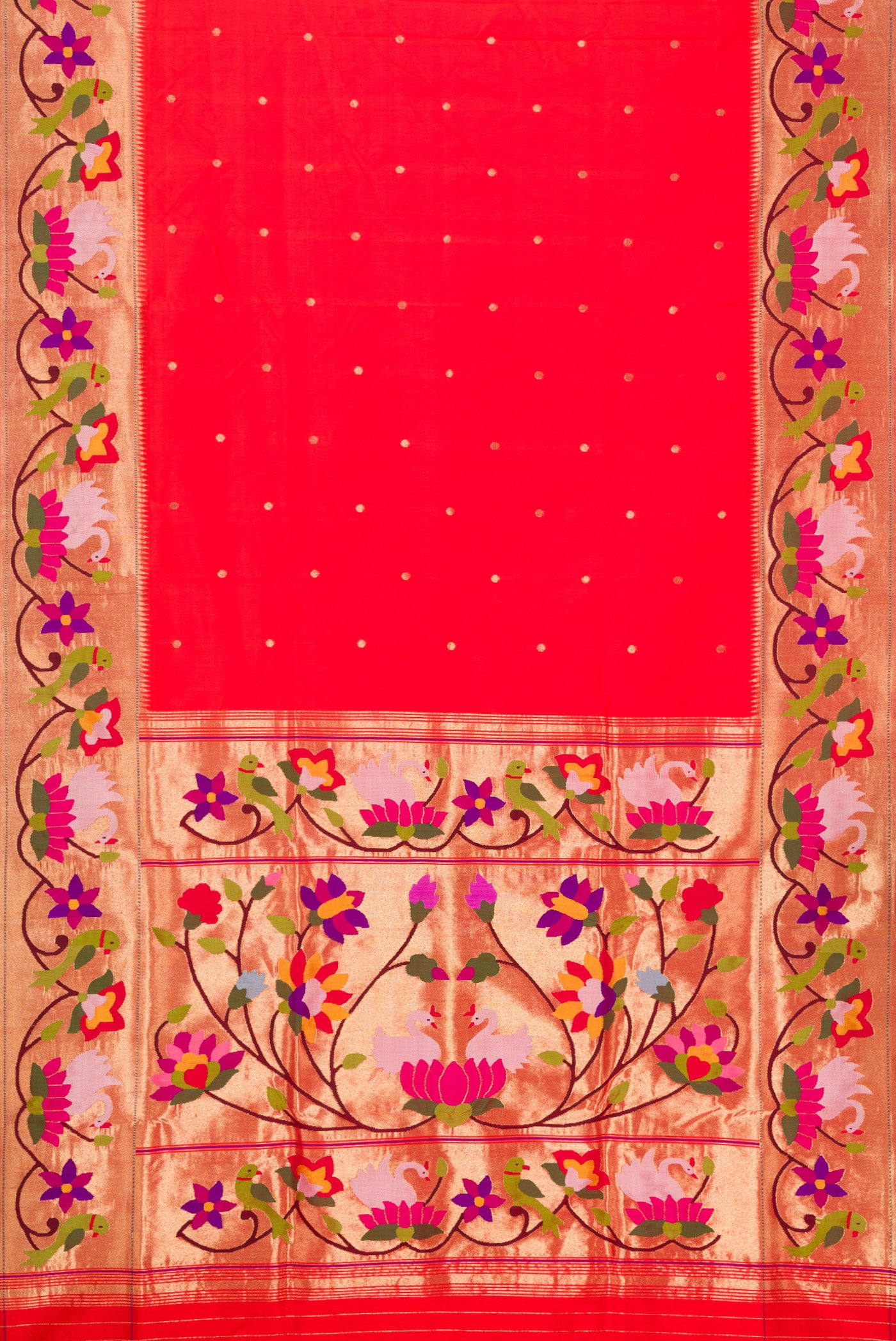 Flat view of Pure Silk Pure Zari Red Dual Tone Paithani Saree with Zari Butta on the body and Paithani Border. 