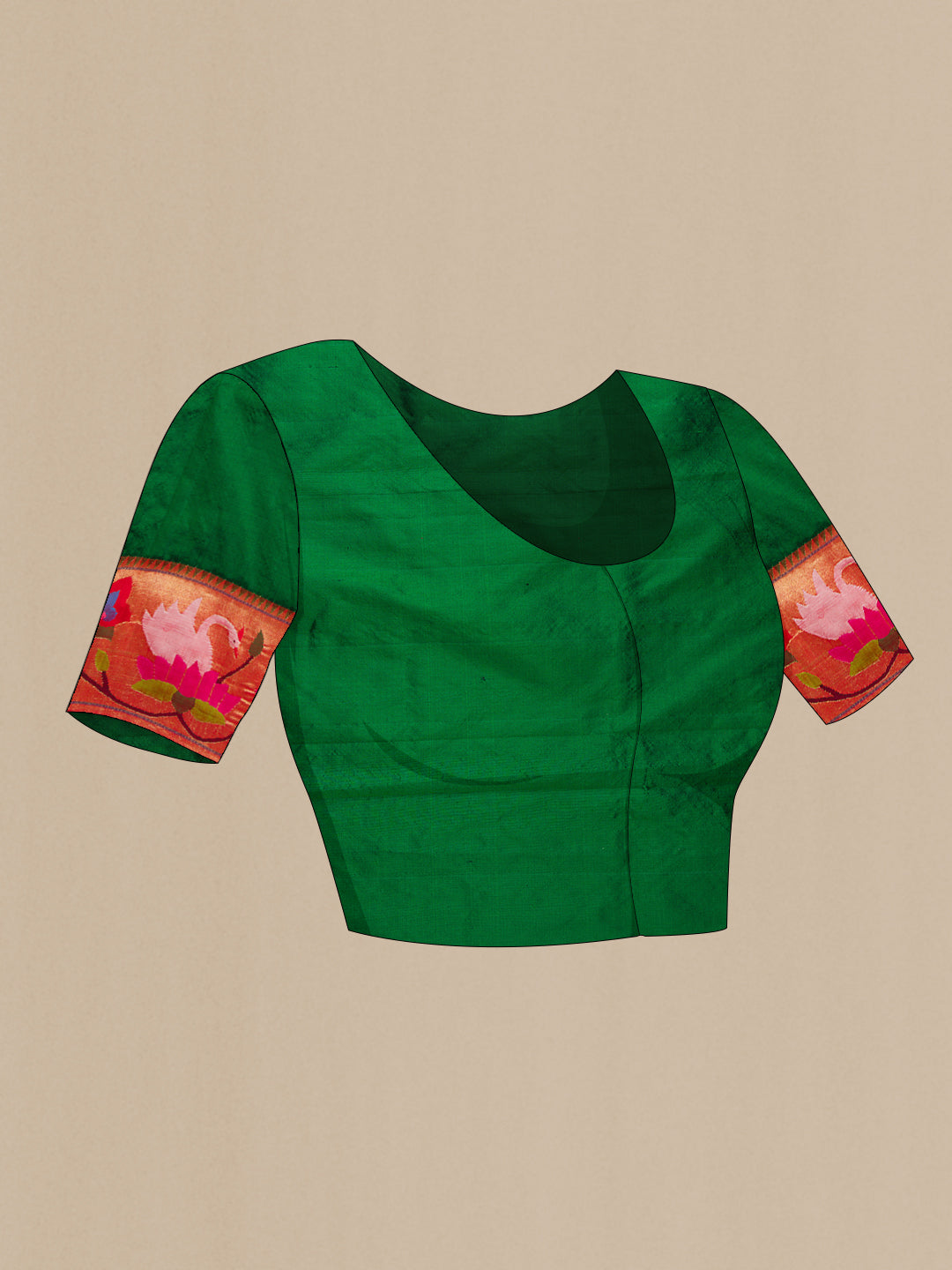Close up image of the blouse of Pure Silk Pure Zari Bottle Green Dual Tone Paithani Saree with Zari Butta on the body and Paithani Border. 