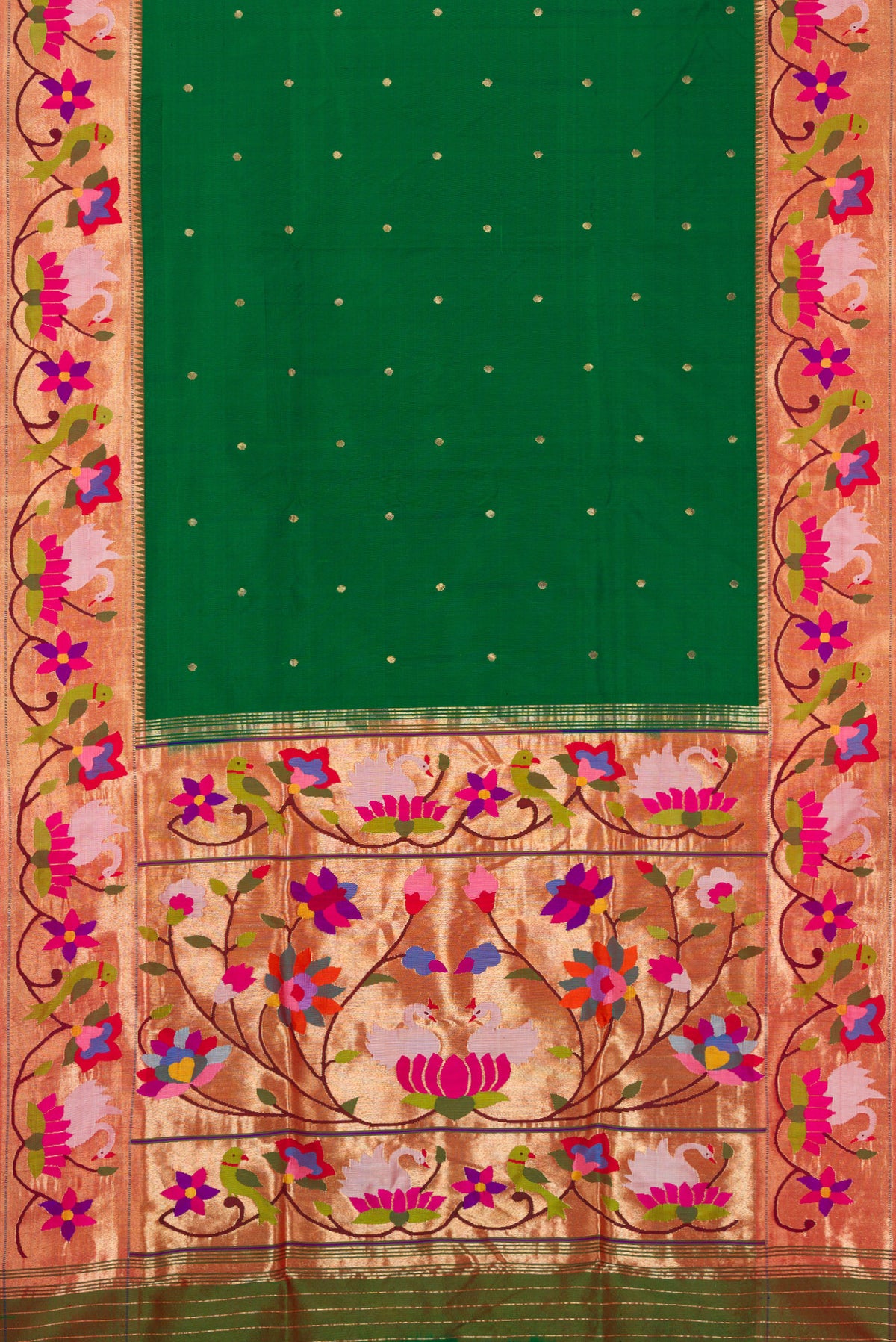 Flat view of Pure Silk Pure Zari Bottle Green Dual Tone Paithani Saree with Zari Butta on the body and Paithani Border. 