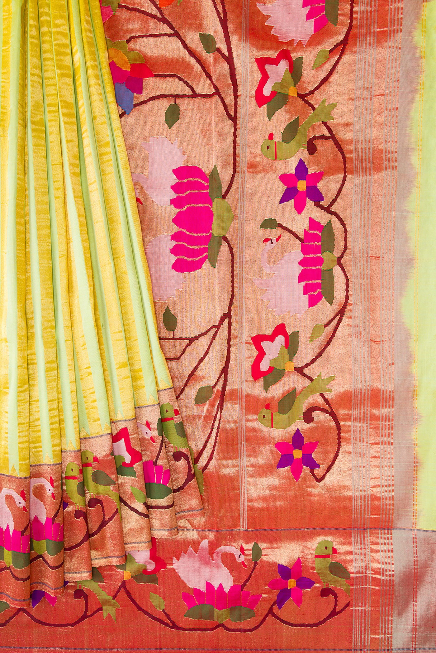 Pleats and pallu of Pure Silk Pure Zari Pista Green Dual Tone Paithani Saree with Stripes on the body and Paithani Border. 
