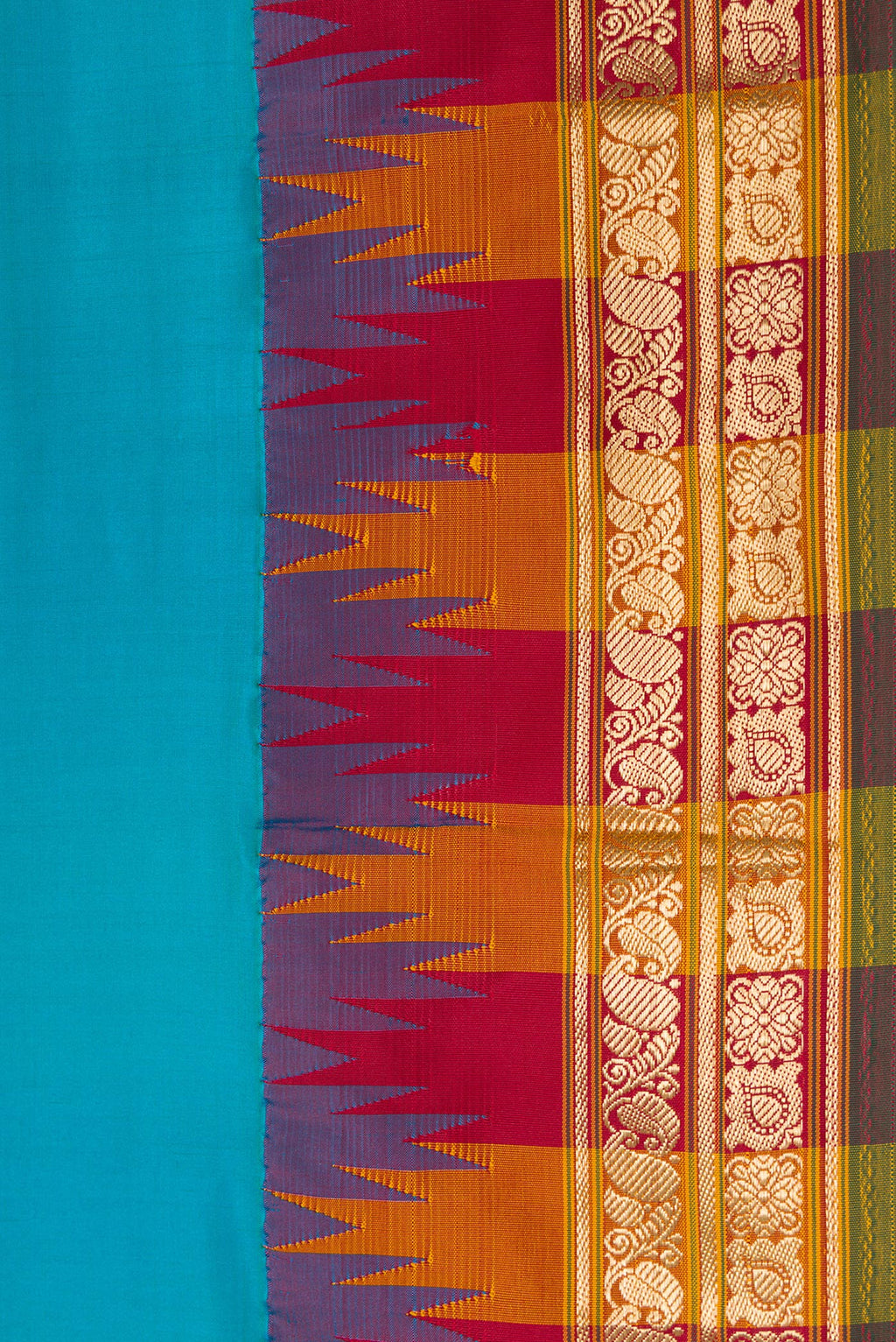 Border image of Peacock Blue Dual Tone Kanjivaram Silk Saree with Zari Butta on the body and Temple Border. 