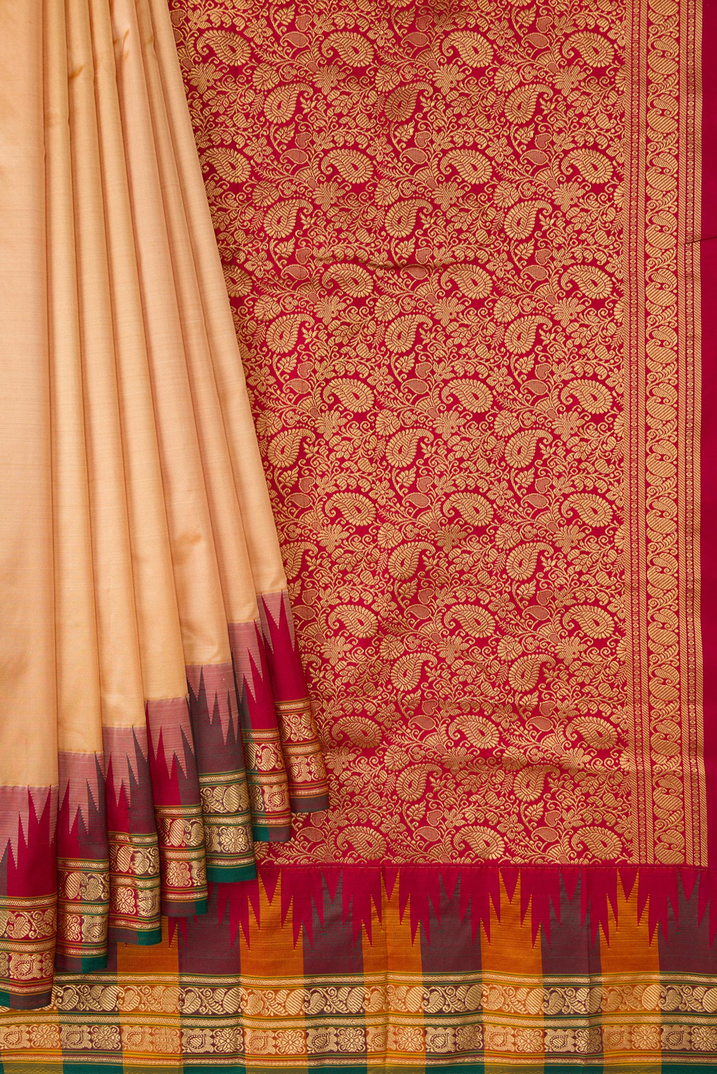 Pleats and pallu of Sandal Dual Tone Kanjivaram Silk Saree with Plain Body and Temple Border. 