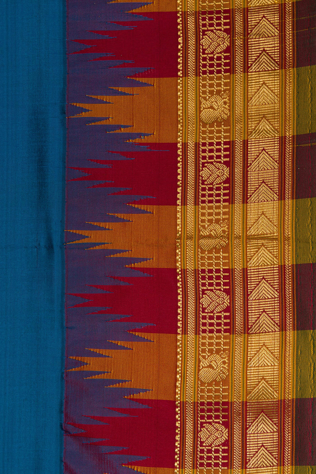 Border image of Peacock Blue Dual Tone Kanjivaram Silk Saree with Zari Butta on the body and Temple Border. 