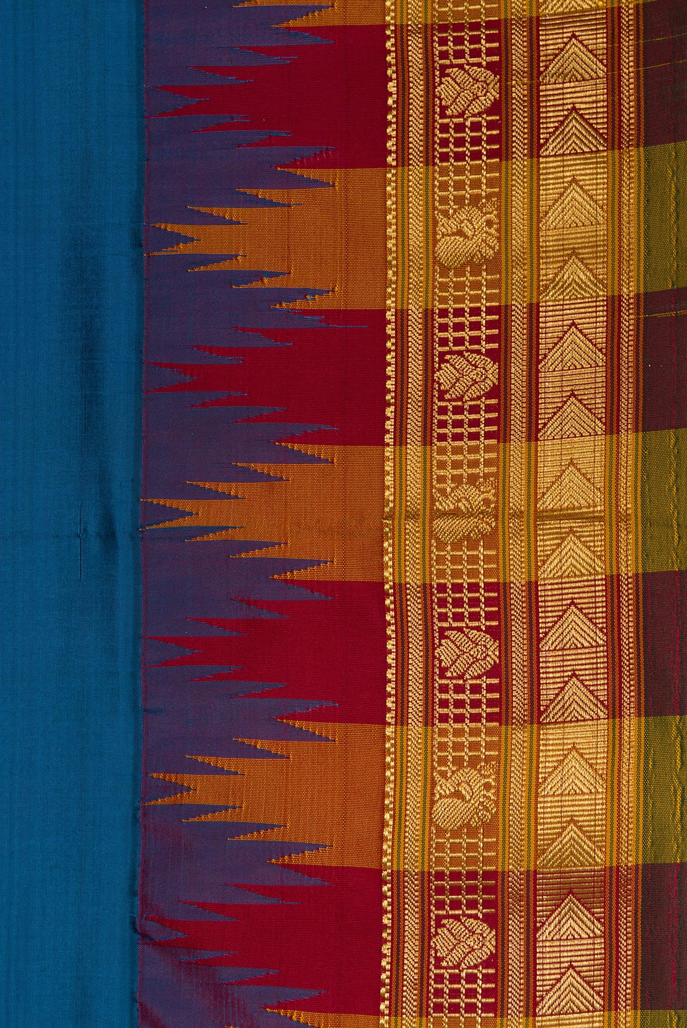 Border image of Peacock Blue Dual Tone Kanjivaram Silk Saree with Zari Butta on the body and Temple Border. 