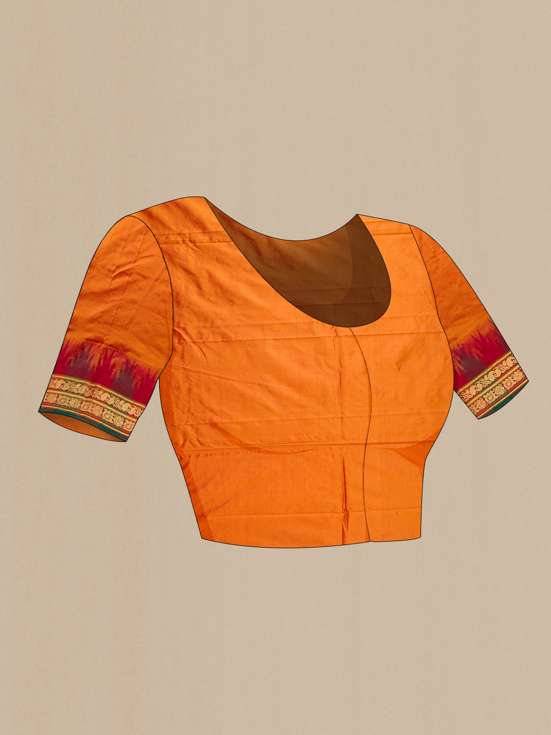 Close up image of the blouse of Red Dual Tone Kanjivaram Silk Saree with Plain Body and Temple Border. 