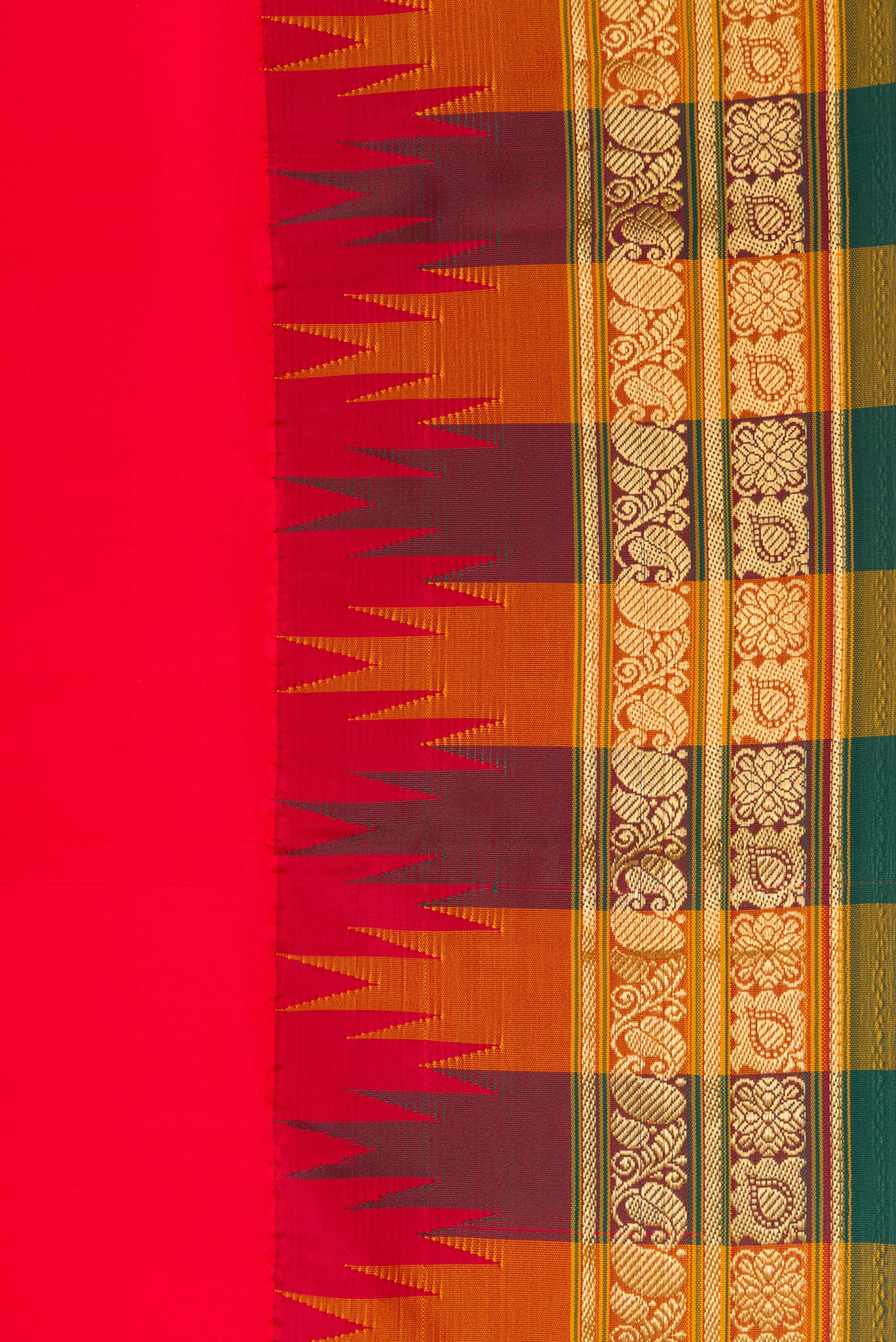 Border image of Red Dual Tone Kanjivaram Silk Saree with Plain Body and Temple Border. 