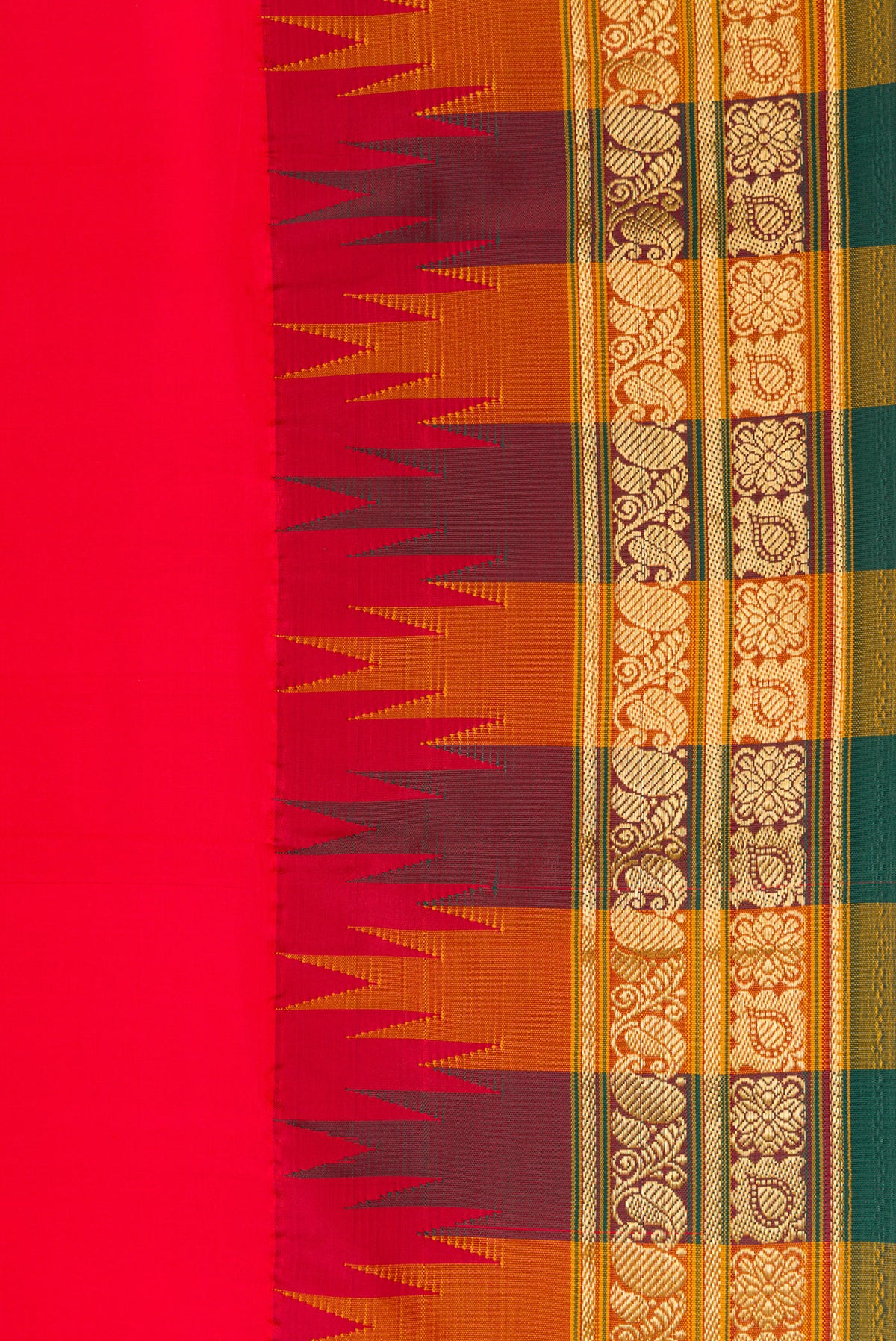 Border image of Red Dual Tone Kanjivaram Silk Saree with Plain Body and Temple Border. 