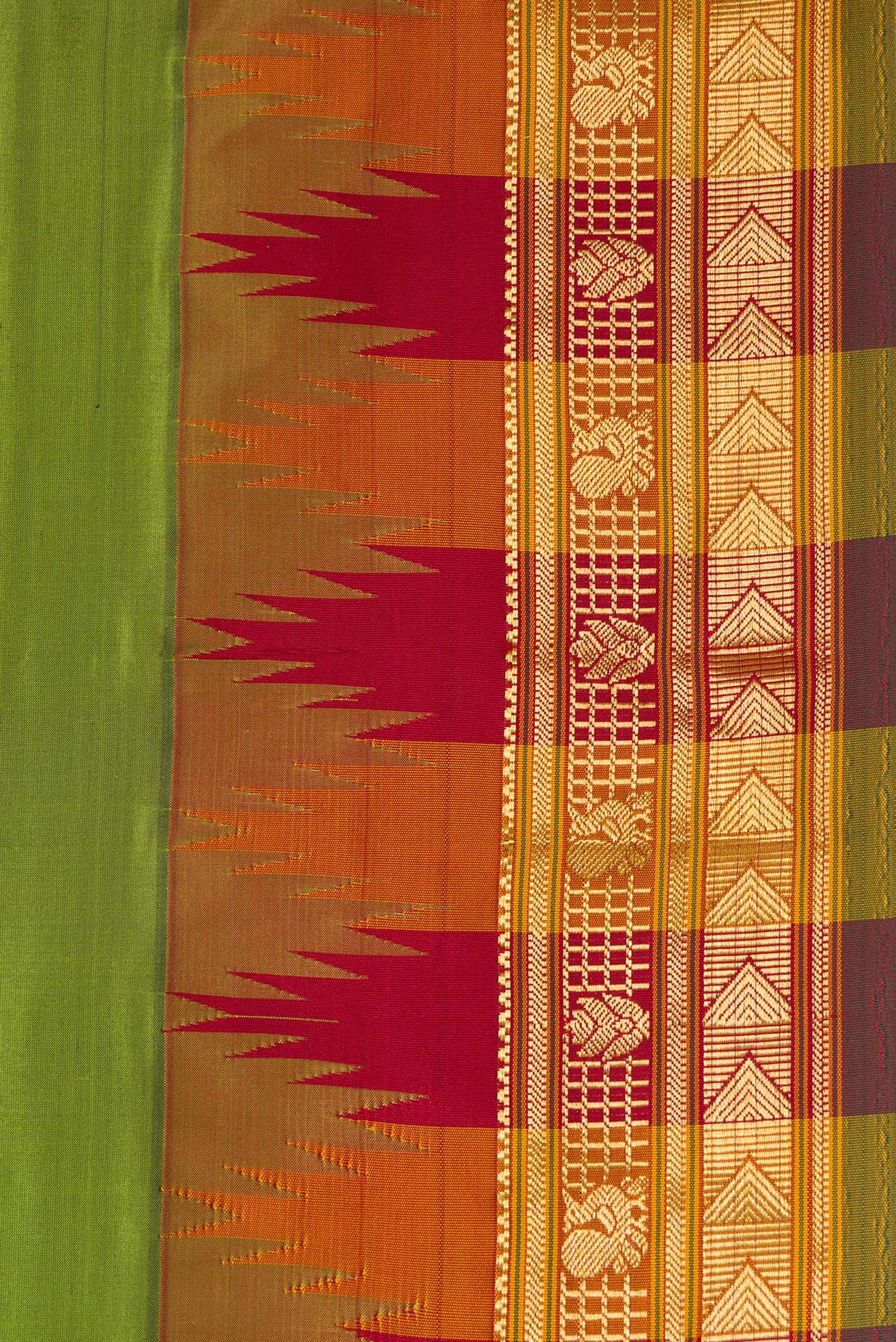 Border image of Pista Green Dual Tone Kanjivaram Silk Saree with Zari Butta on the body and Temple Border. 