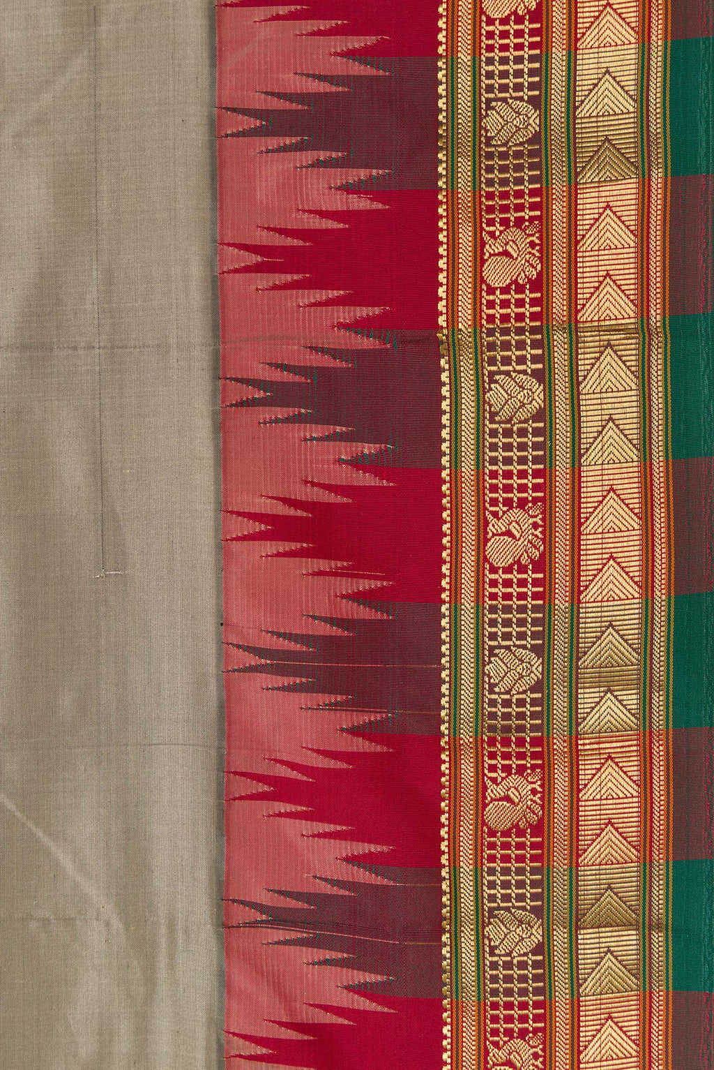 Border image of Grey Dual Tone Kanjivaram Silk Saree with Plain Body and Temple Border. 