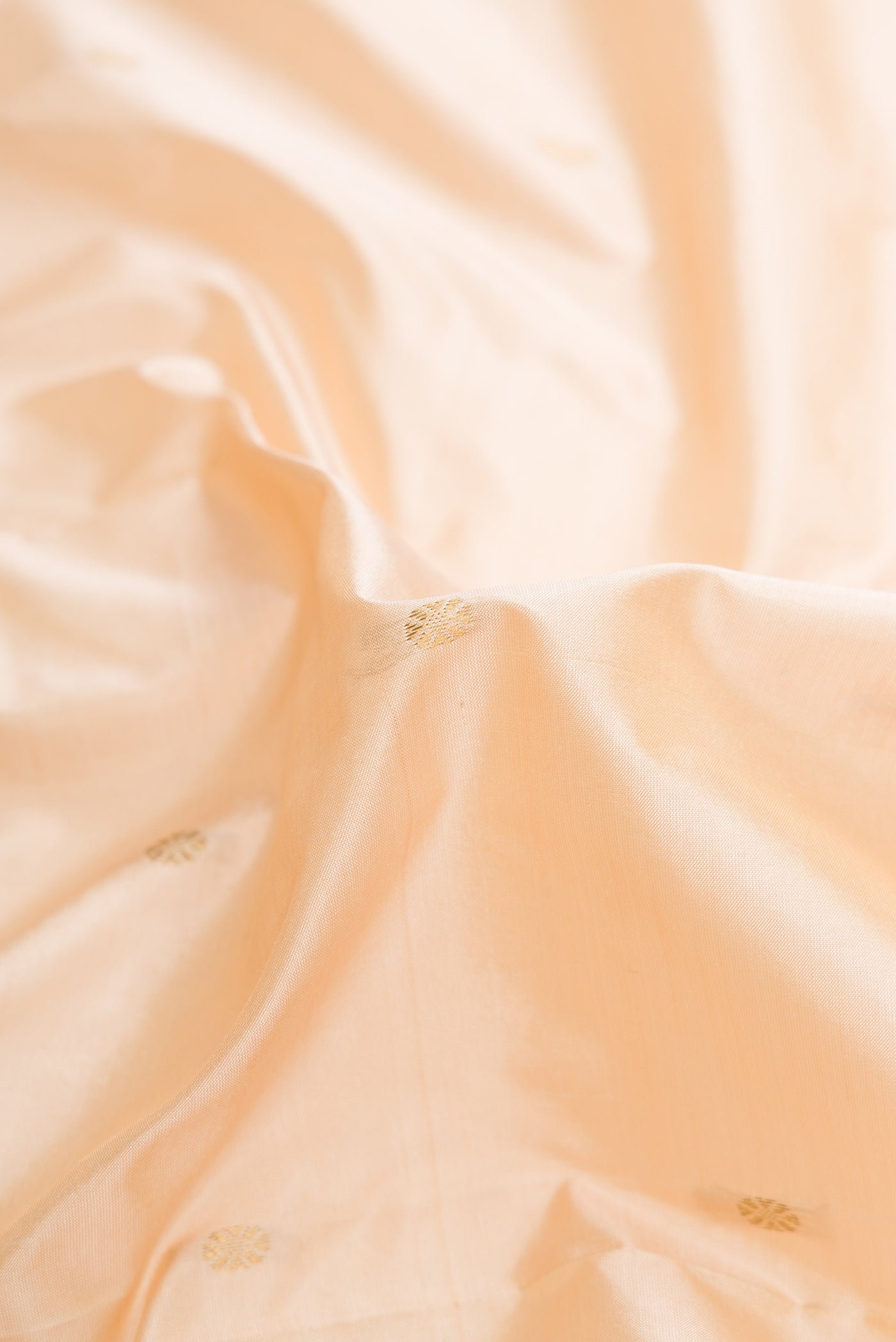 Close up of Off White Dual Tone Kanchipuram Silk Saree with Zari Butta on the body and Temple Border.  displaying folds