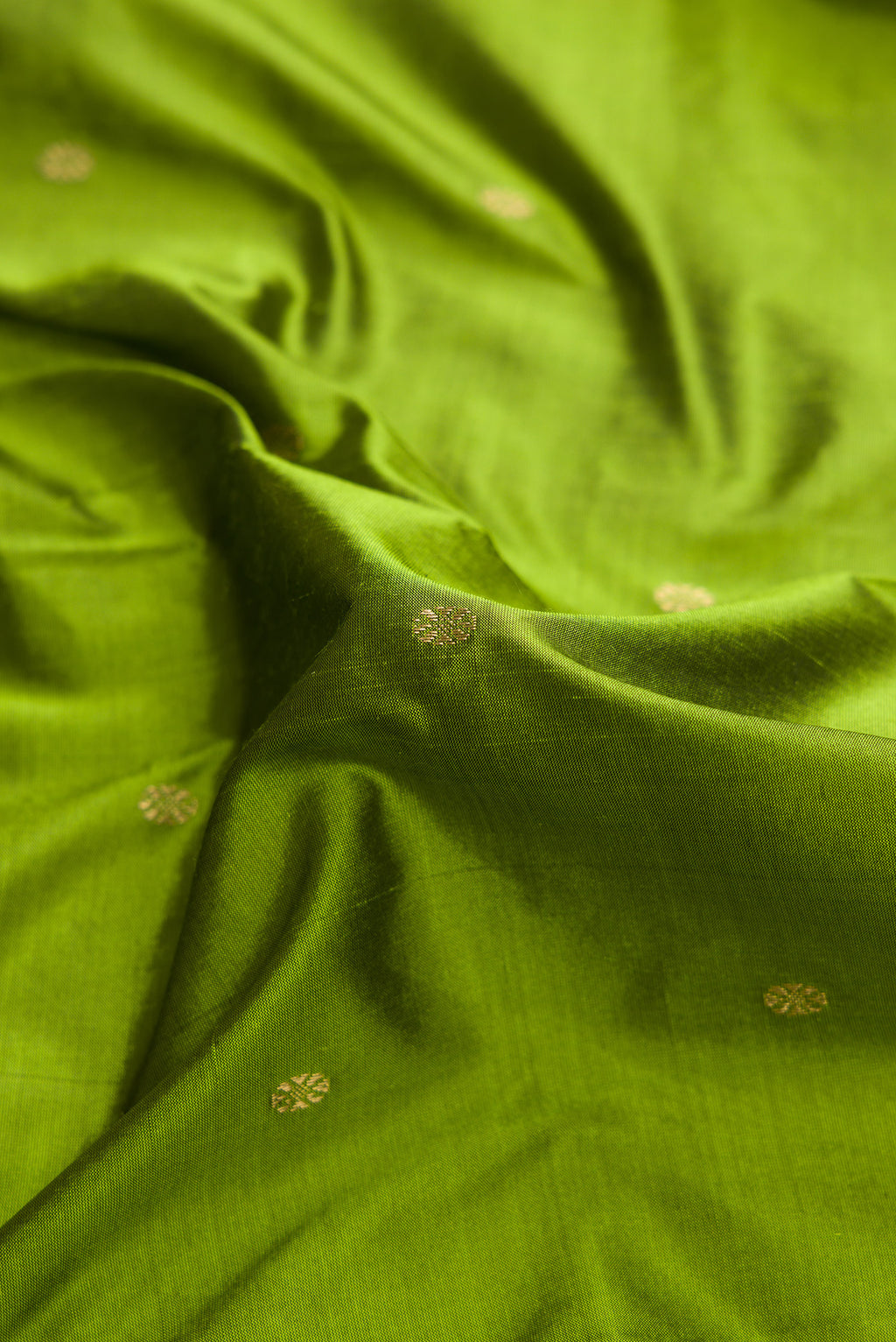 Close up of Green Dual Tone Kanchipuram Silk Saree with Zari Butta on the body and Temple Border.  displaying folds