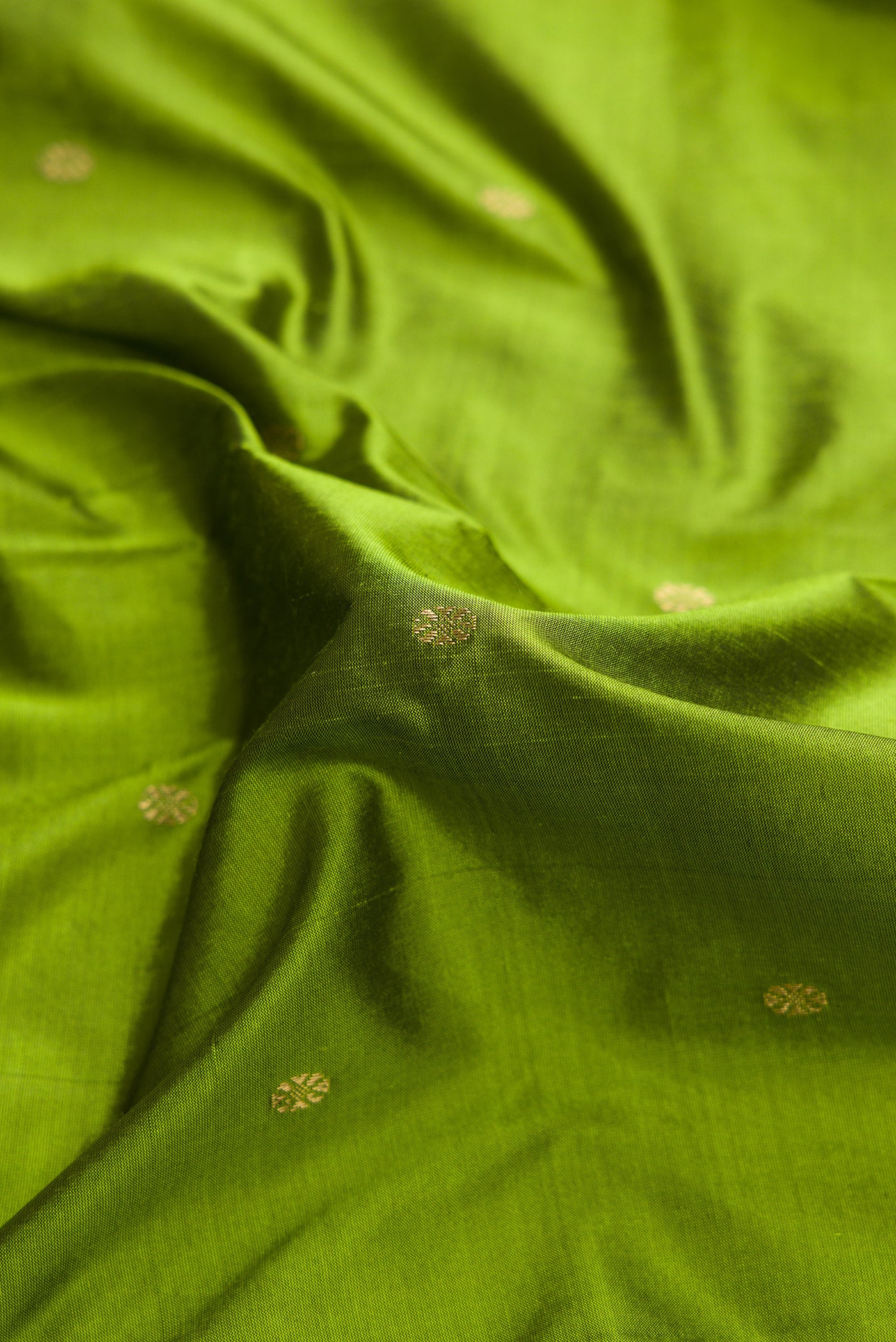 Close up of Green Dual Tone Kanchipuram Silk Saree with Zari Butta on the body and Temple Border.  displaying folds