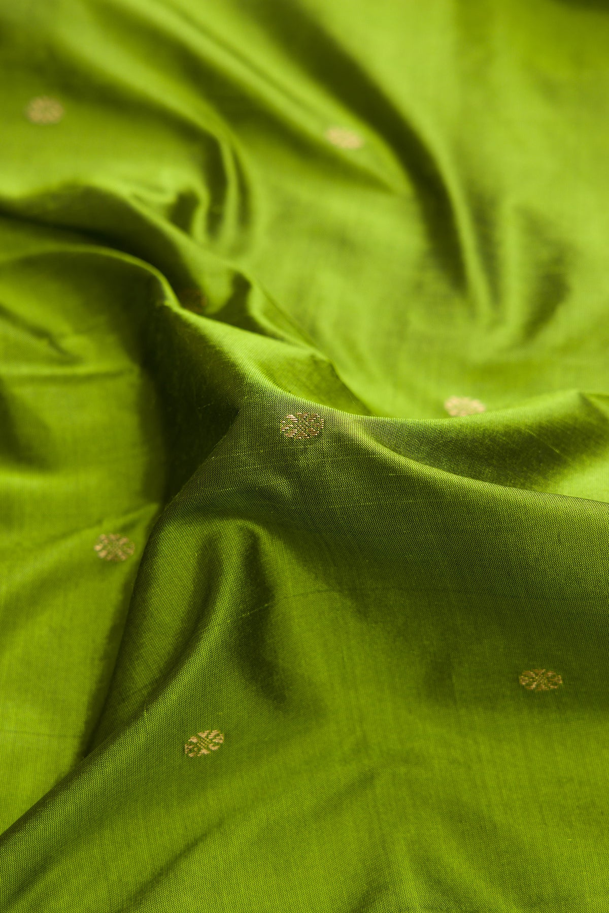 Close up of Green Dual Tone Kanchipuram Silk Saree with Zari Butta on the body and Temple Border.  displaying folds