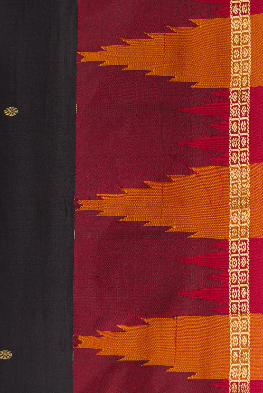 Border image of Black Dual Tone Kanchipuram Silk Saree with Zari Butta on the body and Temple Border. 