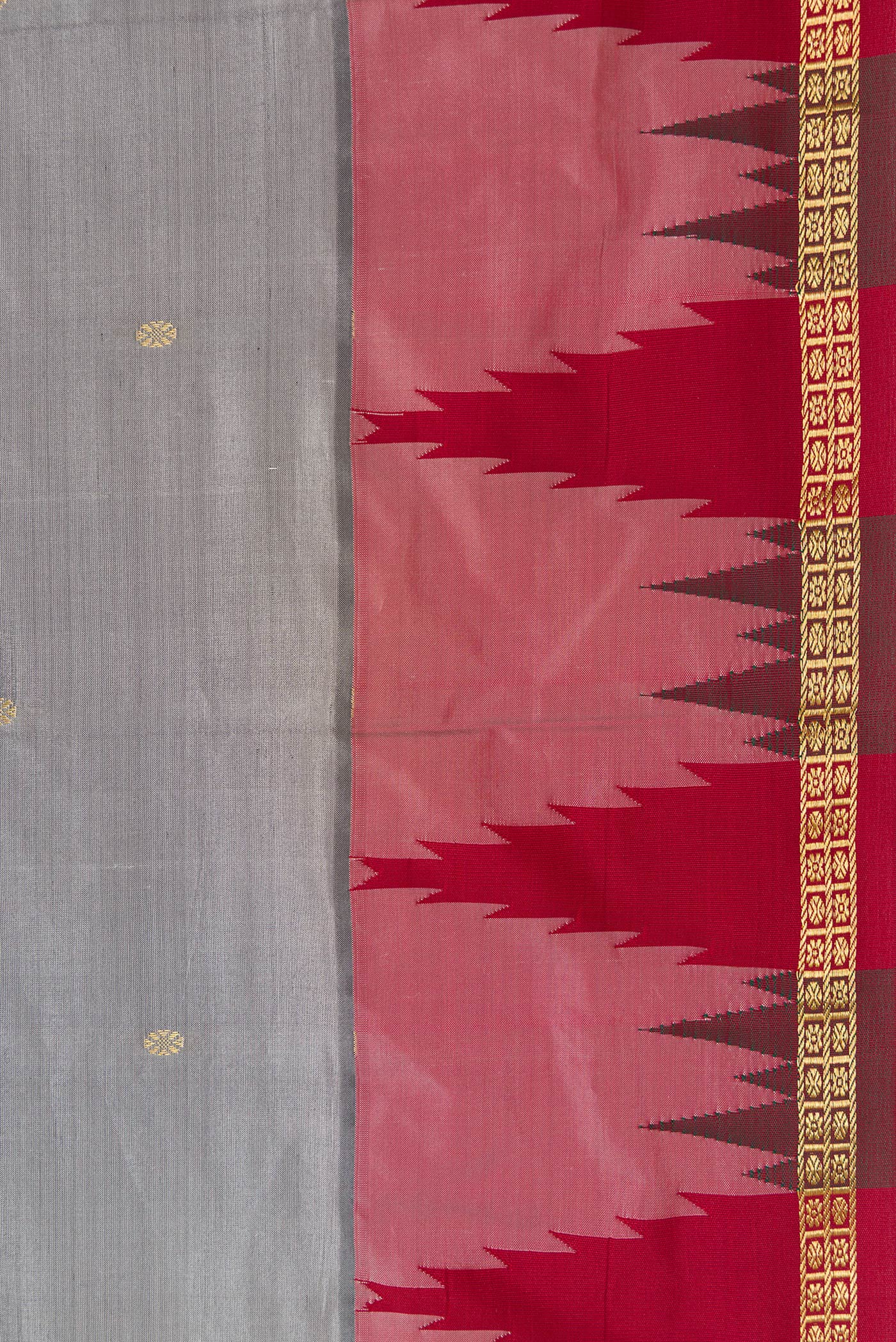 Border image of Grey Dual Tone Kanchipuram Silk Saree with Zari Butta on the body and Temple Border. 