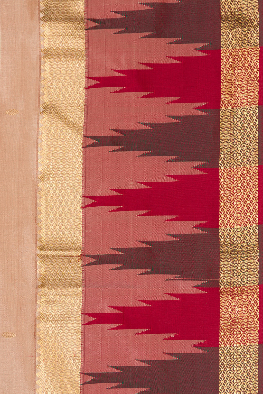 Border image of Beige Dual Tone Kanchipuram Silk Saree with Zari Butta on the body and Temple Border. 