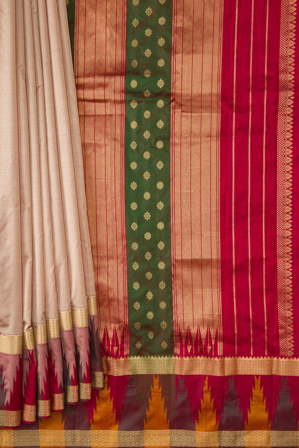Pleats and pallu of Beige Dual Tone Kanchipuram Silk Saree with Zari Butta on the body and Temple Border. 