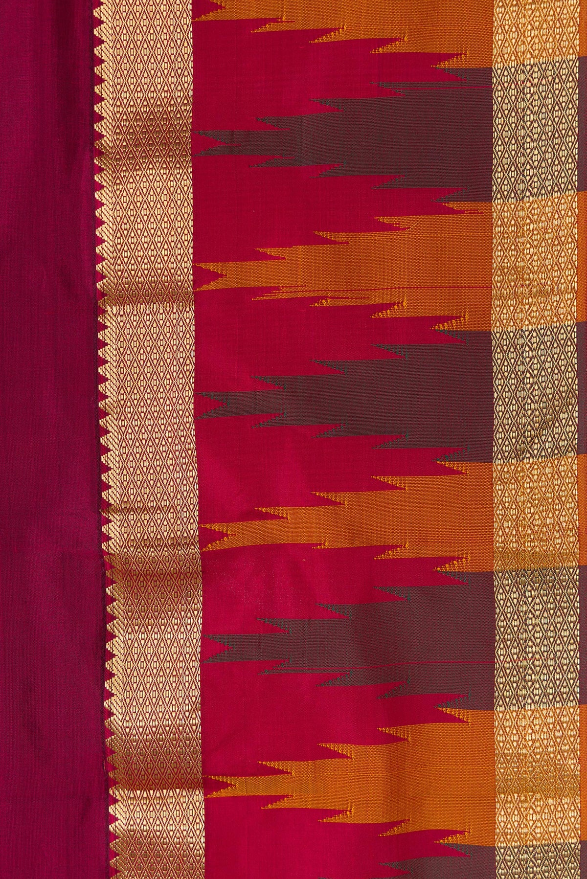 Border image of Burgundy Dual Tone Kanchipuram Silk Saree with Zari Butta on the body and Temple Border. 