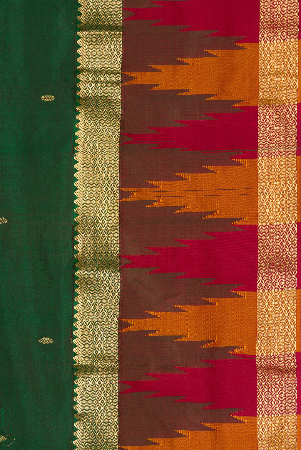 Border image of Green Dual Tone Kanchipuram Silk Saree with Zari Butta on the body and Temple Border. 