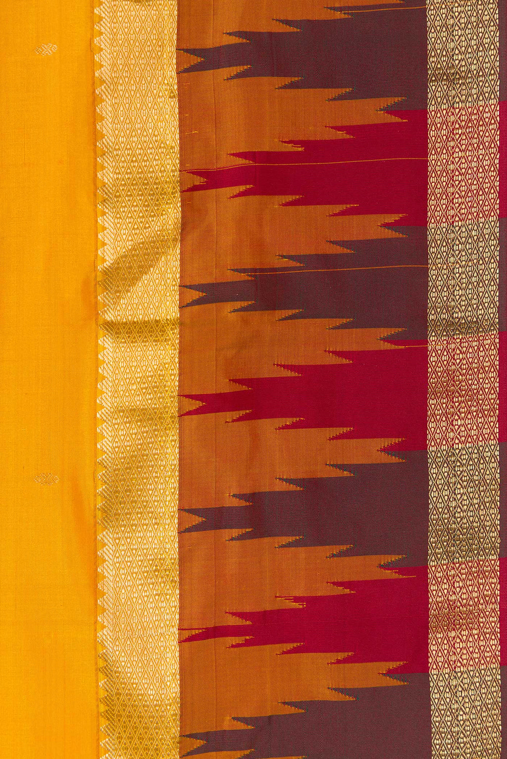 Border image of Mustard Dual Tone Kanchipuram Silk Saree with Zari Butta on the body and Temple Border. 