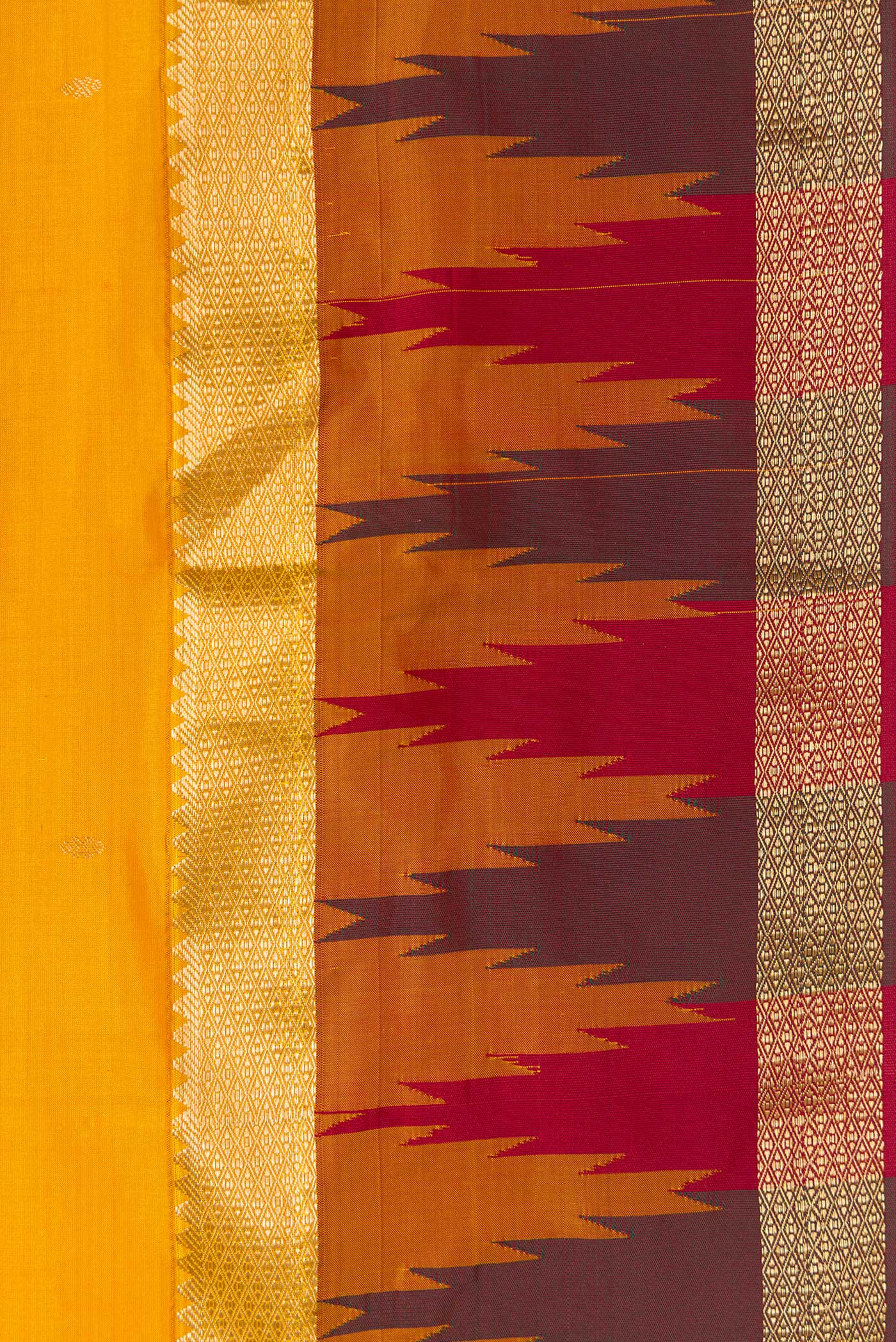 Border image of Mustard Dual Tone Kanchipuram Silk Saree with Zari Butta on the body and Temple Border. 