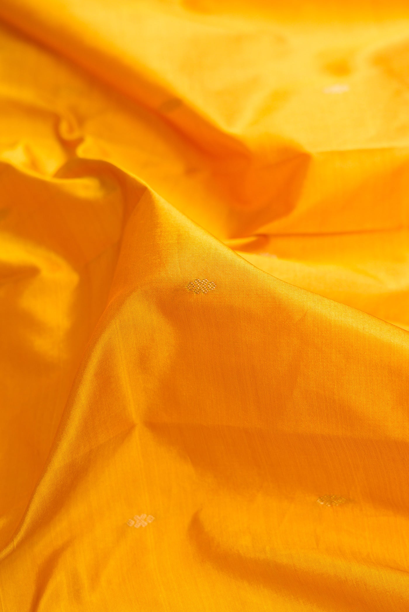Close up of Mustard Dual Tone Kanchipuram Silk Saree with Zari Butta on the body and Temple Border.  displaying folds