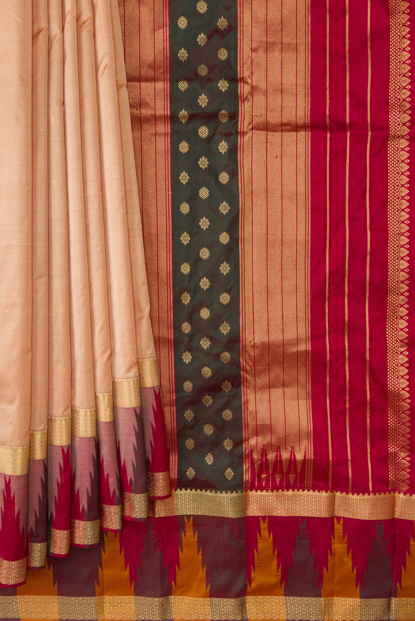 Pleats and pallu of Sandal Dual Tone Kanchipuram Silk Saree with Zari Butta on the body and Temple Border. 