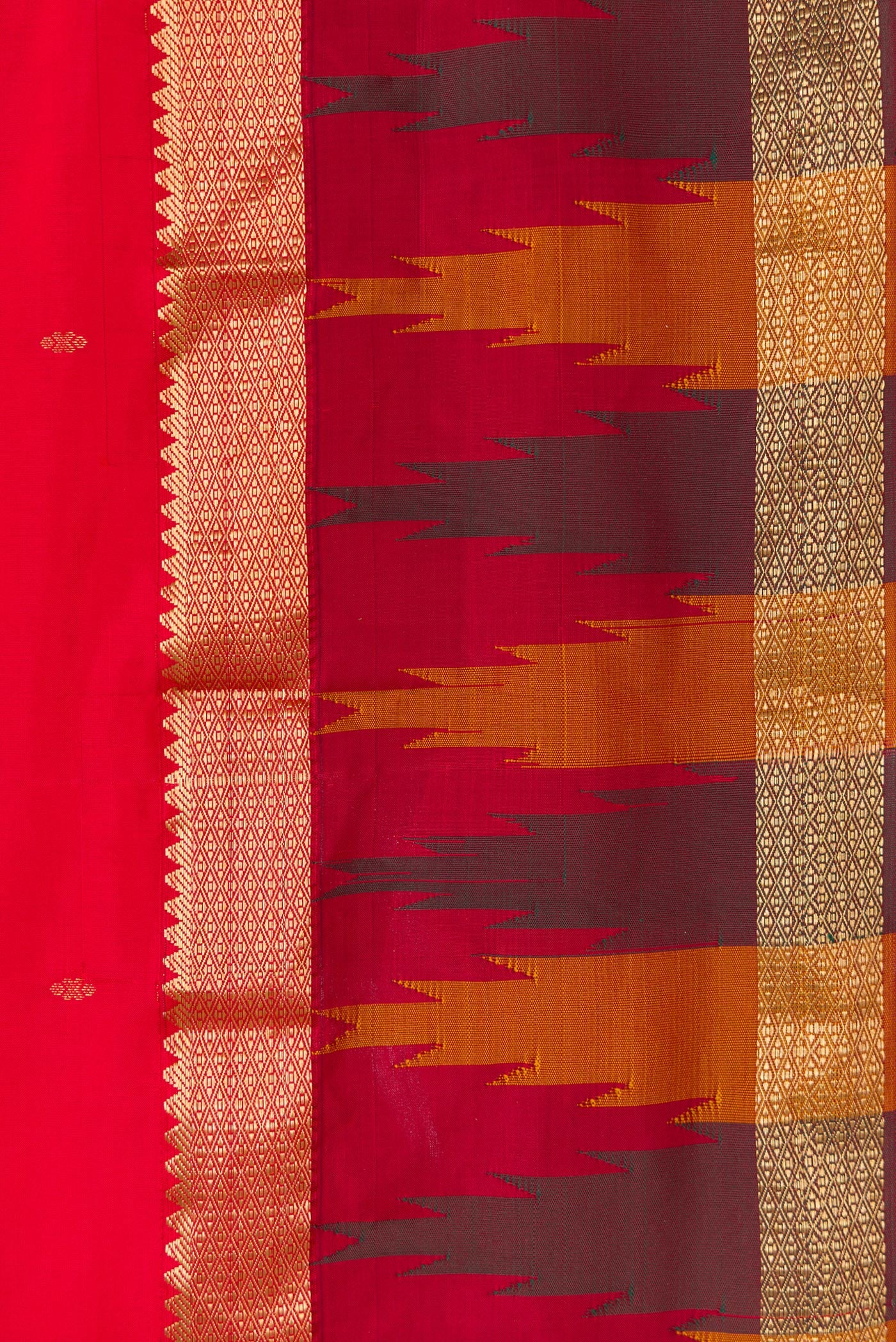 Border image of Red Dual Tone Kanchipuram Silk Saree with Zari Butta on the body and Temple Border. 