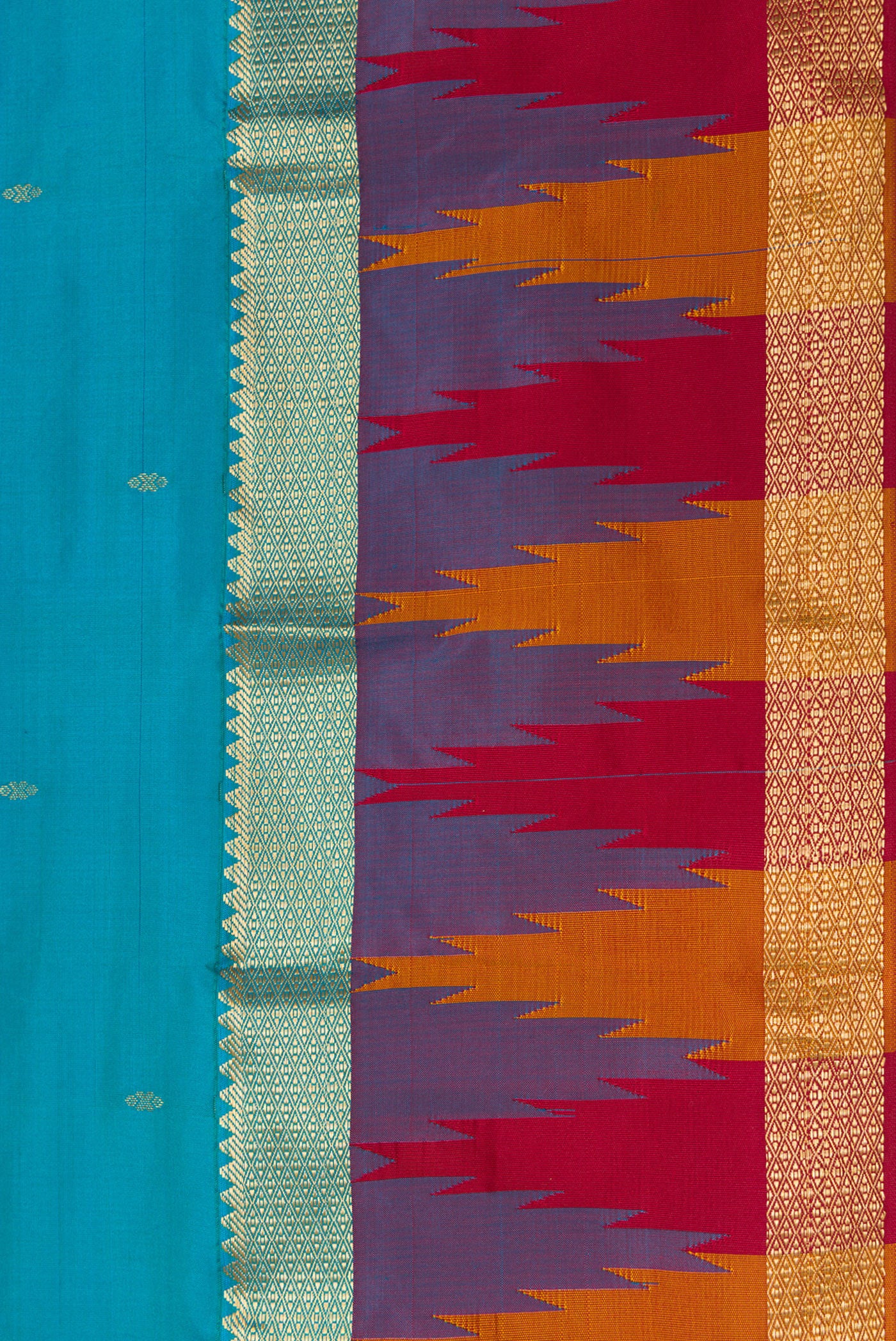 Border image of Sky Blue Dual Tone Kanchipuram Silk Saree with Zari Butta on the body and Temple Border. 
