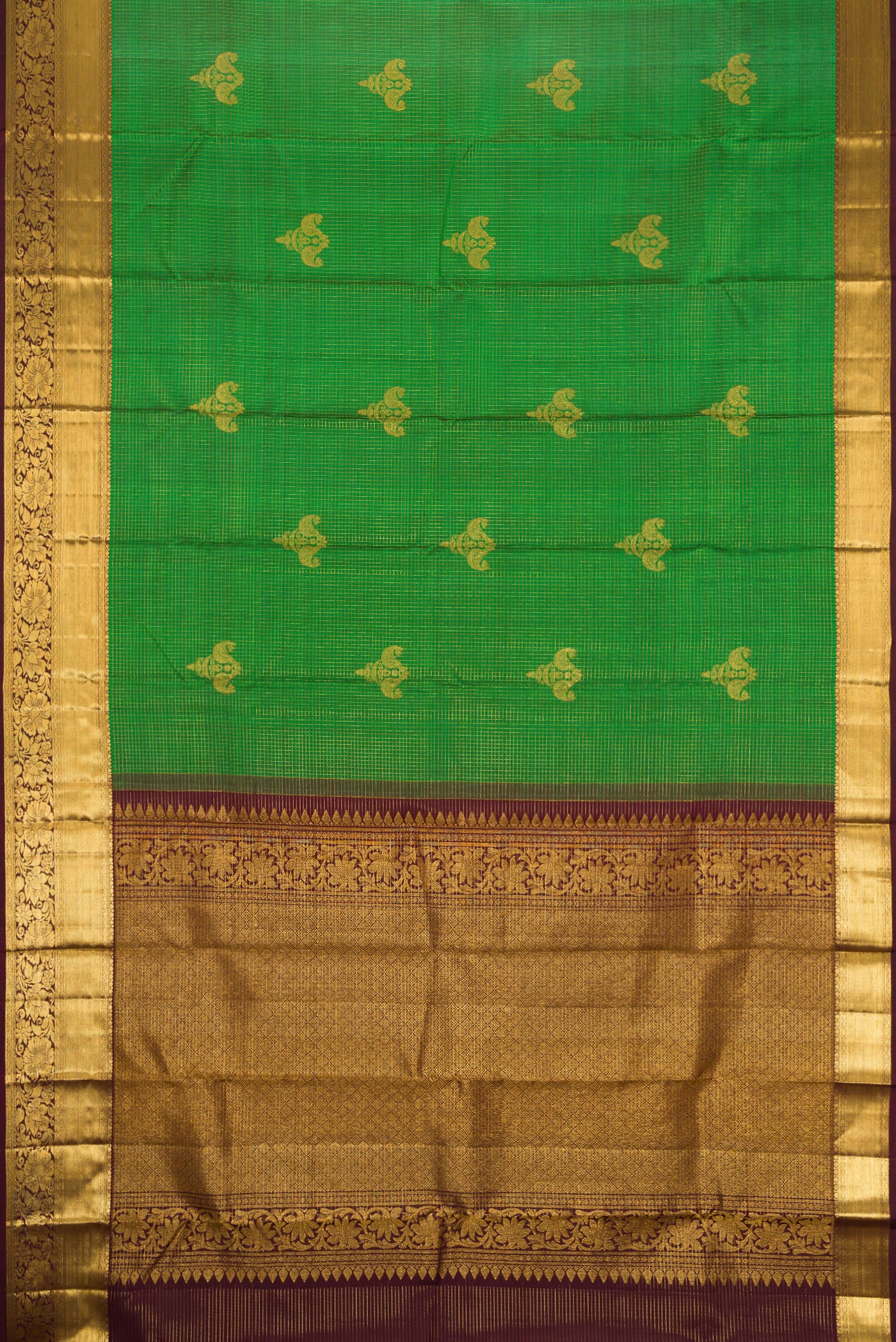Flat view of Bottle Green Dual Tone Kanchipuram Silk Saree with Checked design on the body and Zari Border. 