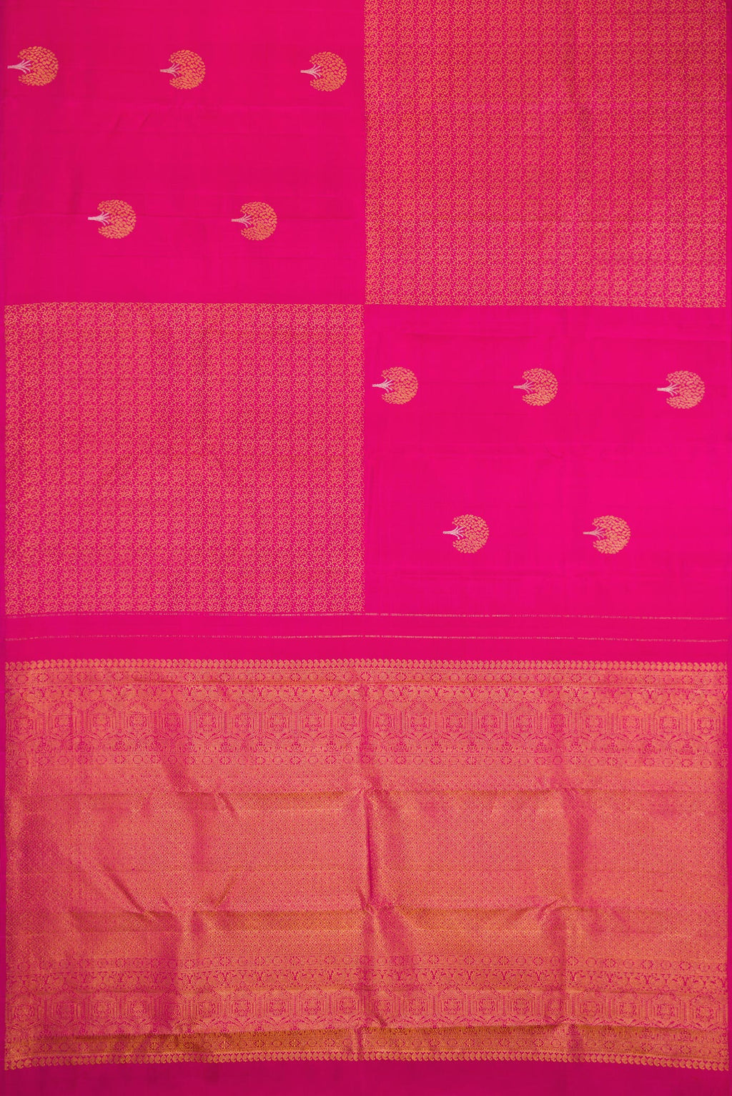 Flat view of Dark Pink Dual Tone Kanjivaram Silk Saree with Zari Butta on the body and Without Border. 